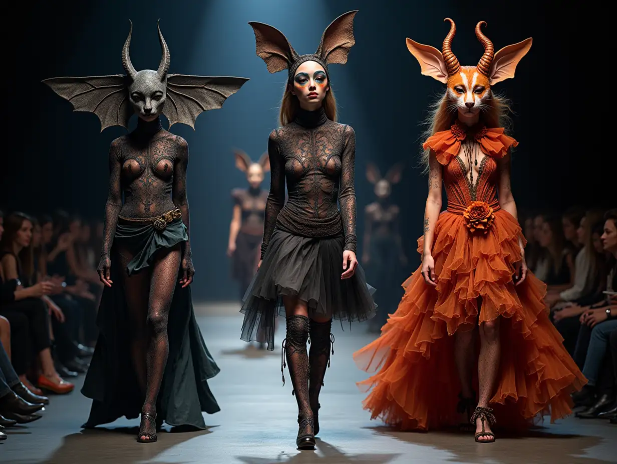 CI-Fantasy, a mix of man-, BAT- and women's head-design with beautiful shoes at a fashion show