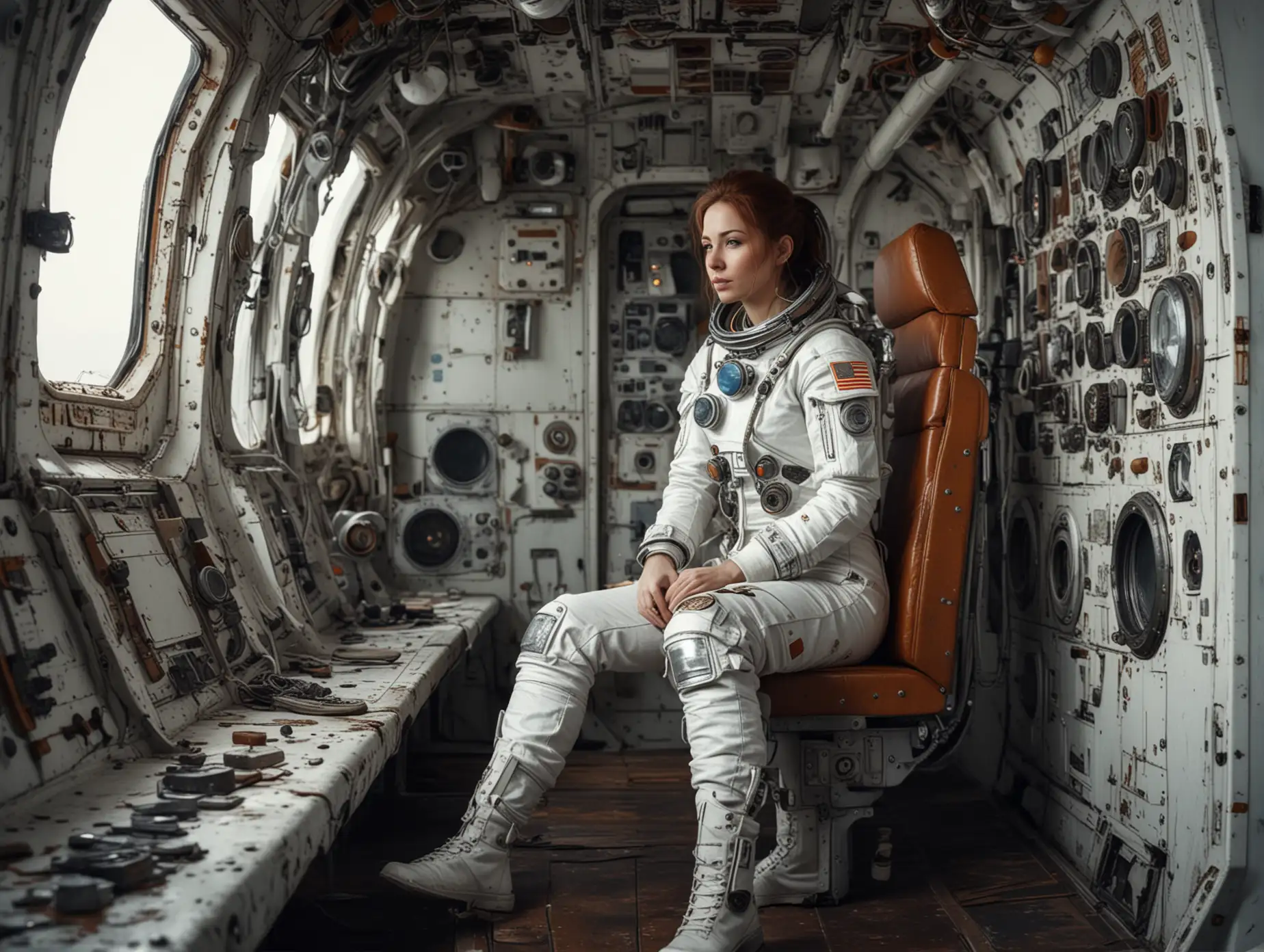 Woman-in-Futuristic-White-Cosmonaut-Outfit-Inside-Battered-Spaceship-Control-Cabin