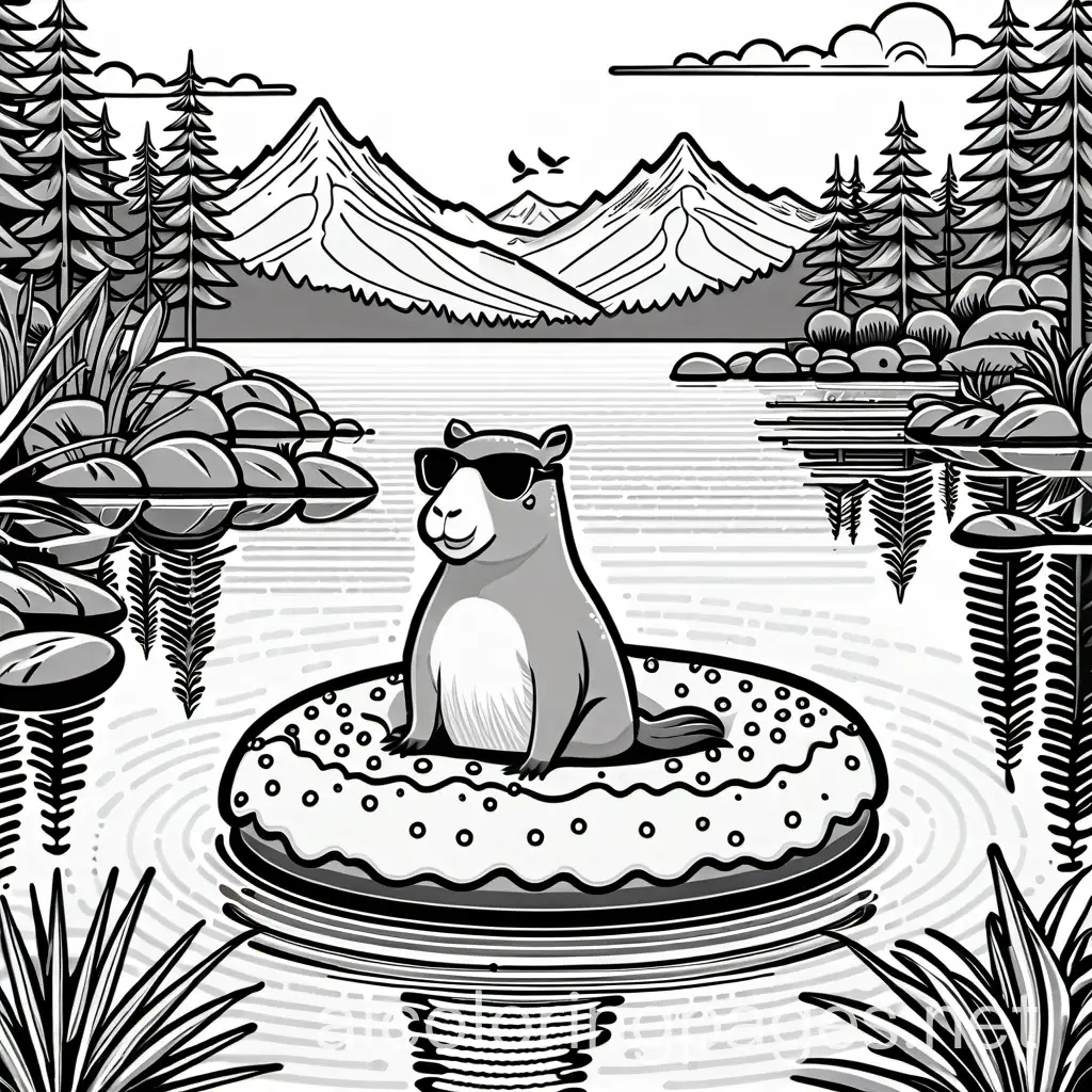 Create a black-and-white coloring sheet featuring a cute capybara sitting comfortably on a doughnut-shaped pontoon floating on a calm lake. The capybara wears dark sunglasses and holds a martini glass with a stick and olive. The doughnut pontoon has a simple sprinkle pattern and thick edges. The lake is surrounded by plants, reeds, and rocks, with ducks or swans nearby. The background includes a sunny sky with rays and fluffy clouds, tall trees with birds, a distant mountain range, and additional details like a sailboat, butterflies, and a beach ball. Include gentle waves, aquatic plants, and a frog or dragonfly for extra charm.