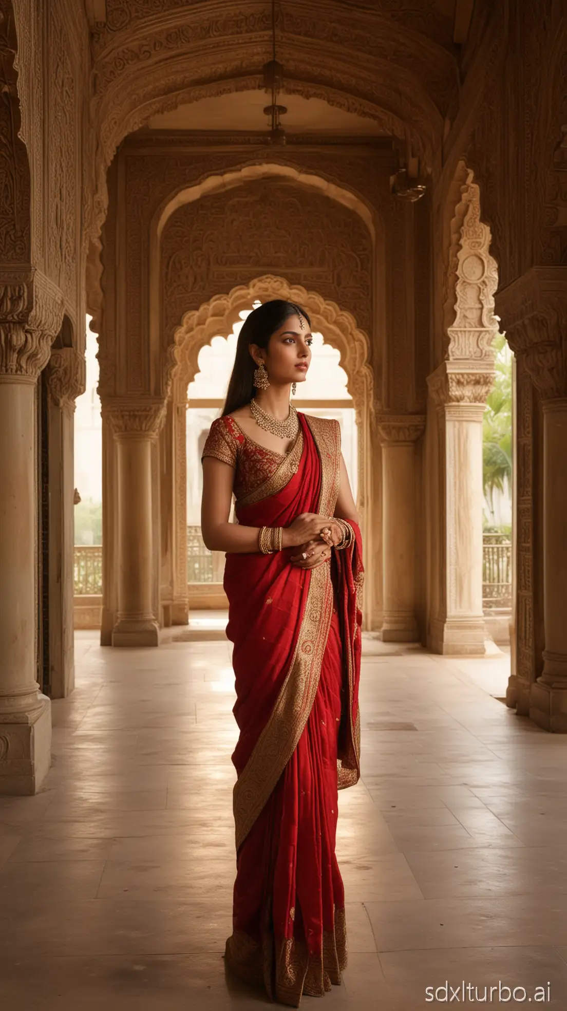 A beautiful Indian woman standing gracefully in a grand palace-like interior with tall arched windows and warm sunlight streaming in. She is wearing a deep red saree with a matching sleeveless, deep v-cut red blouse. Her saree is draped elegantly to reveal her midriff and curves. Her long dark hair is sleek and partly covered with a red dupatta or saree pallu. She wears traditional earrings and light makeup. The background is softly blurred, showing regal architecture, high ceilings, and a warm, ambient glow.