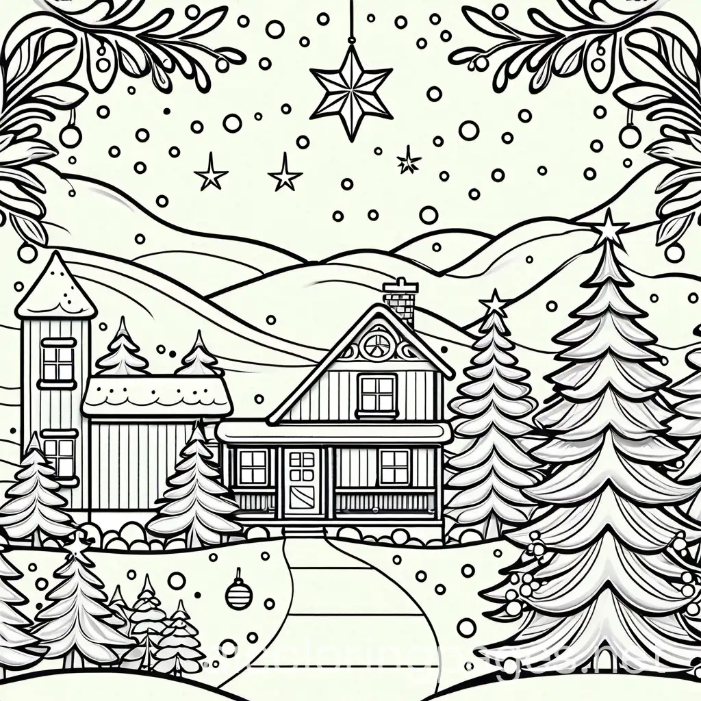 Christmas, Coloring Page, black and white, line art, white background, Simplicity, Ample White Space. The background of the coloring page is plain white to make it easy for young children to color within the lines. The outlines of all the subjects are easy to distinguish, making it simple for kids to color without too much difficulty