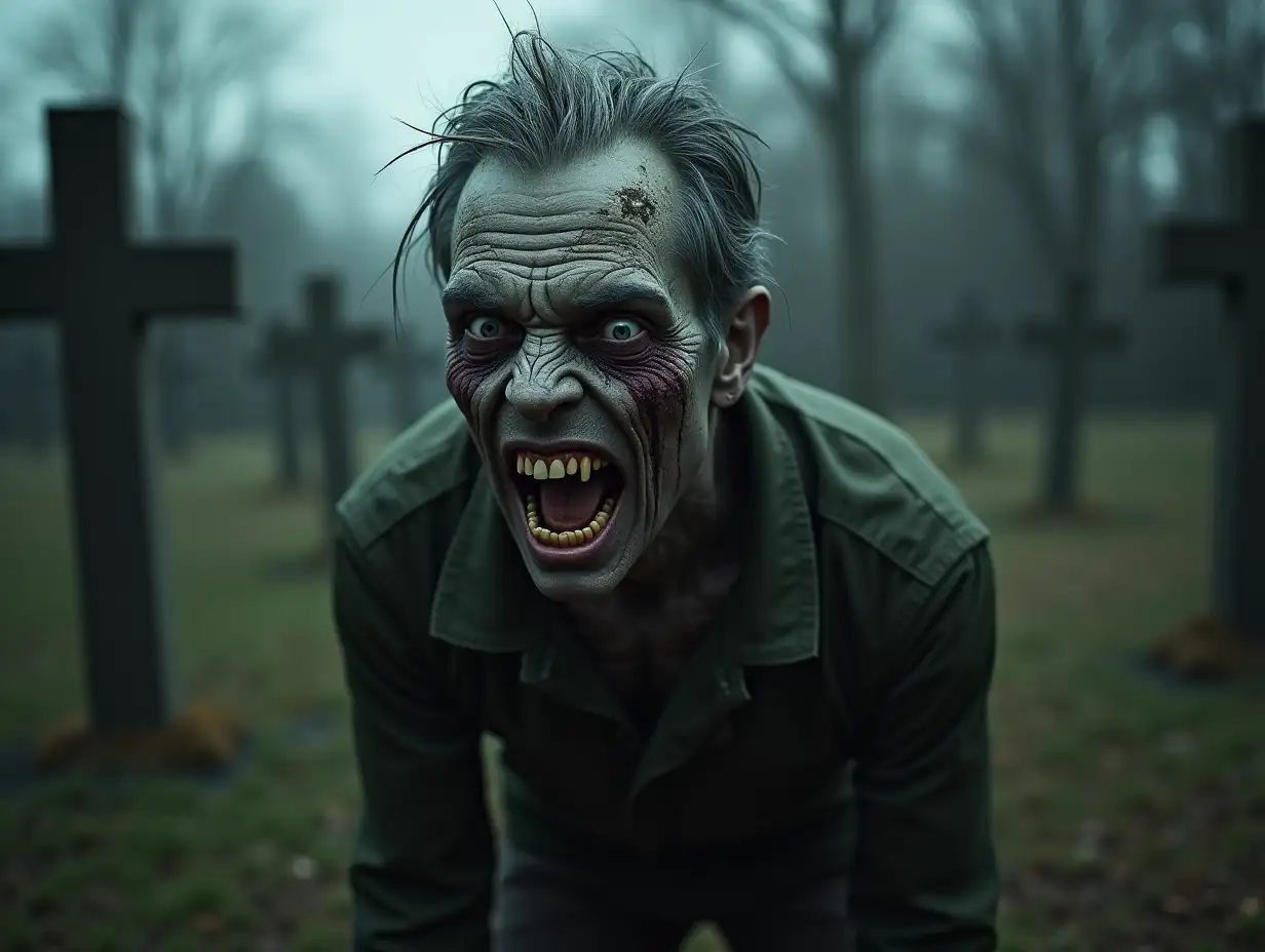 Zombie with decay, face, worms, gray hair, sharp chin, angry expression, in a cemetery of different shades 4k Gruselwelt