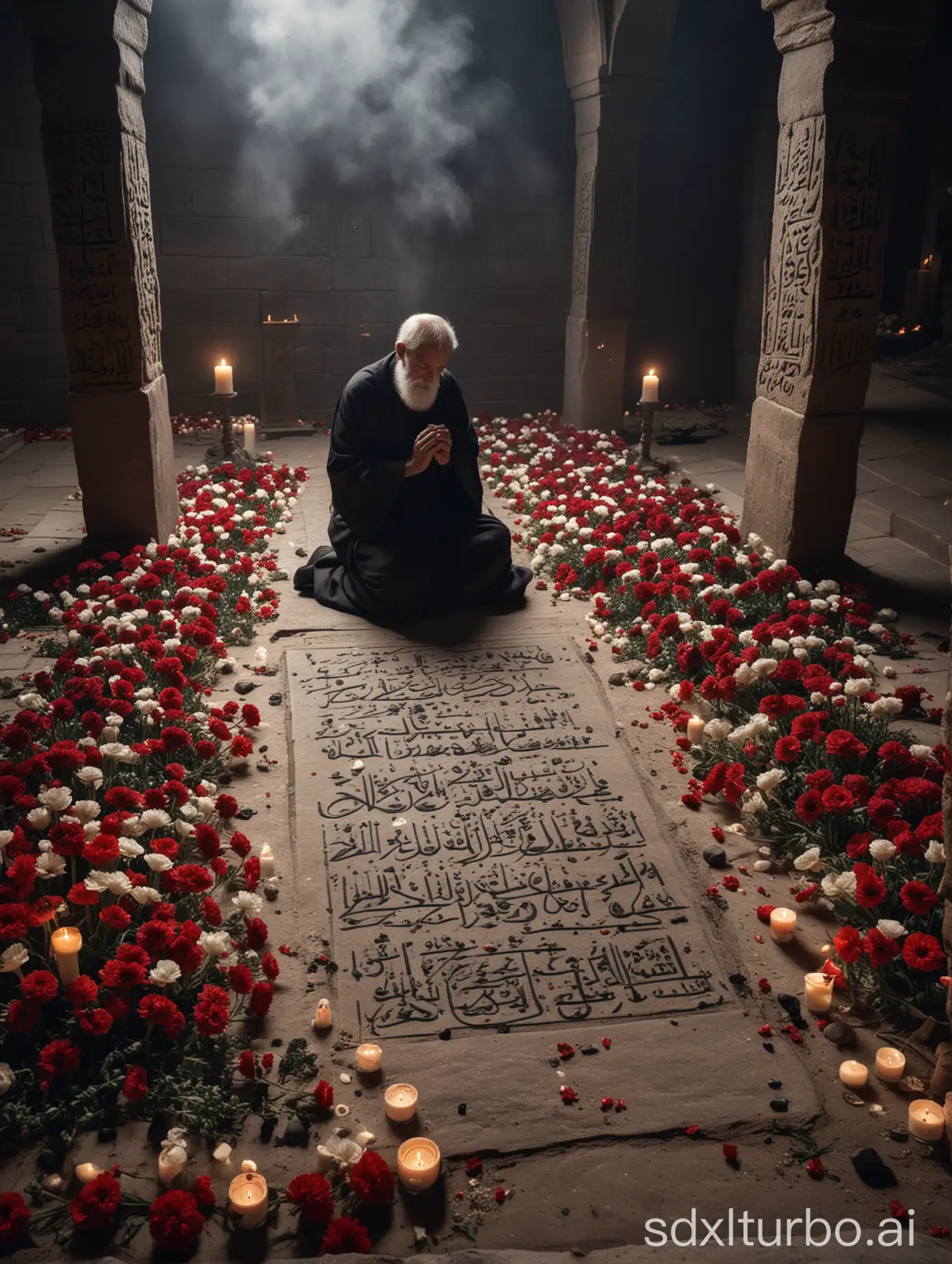 Medieval-Old-Man-Praying-by-Arabic-Calligraphy-Tomb-with-Candles