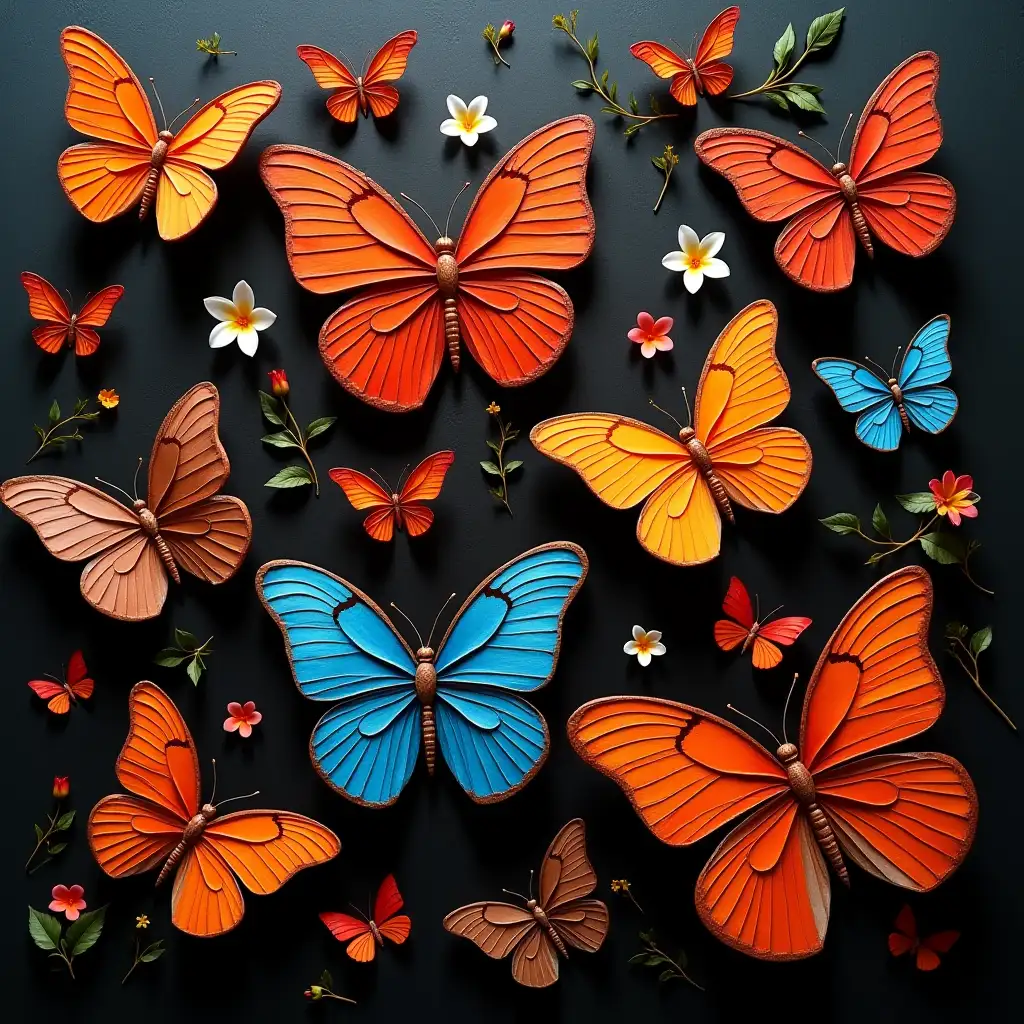 A vibrant collection of 3D butterflies in shades of orange, red, blue, and brown, arranged on a dark textured background. The butterflies have intricate wing details and a slightly embossed look, creating a layered and artistic composition. Some small flowers and leaves are scattered among them, adding depth and elegance. oil art