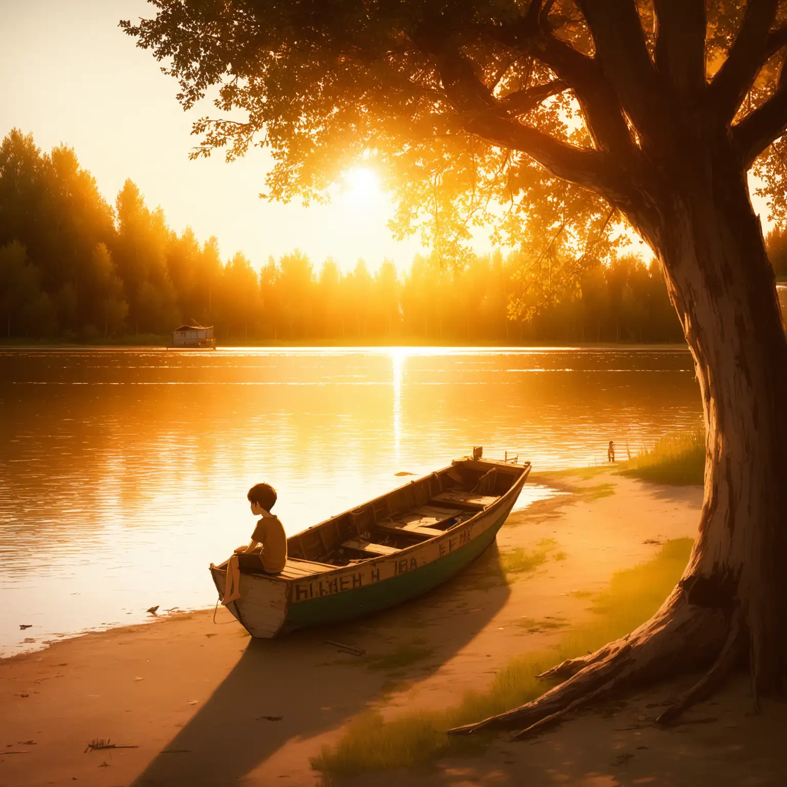 Boy-Sitting-by-the-Lake-at-Sunset-with-Abandoned-Fishing-Boat