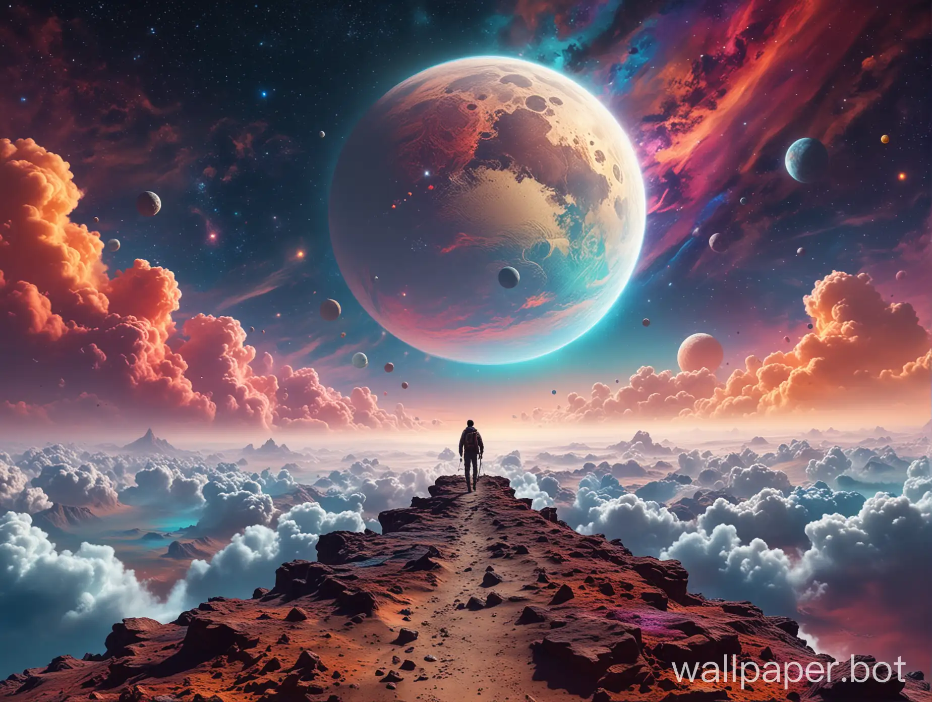 a man walking on the edge of a small round planet, a moon above and with many colorful volumetric clouds next to colors and stars