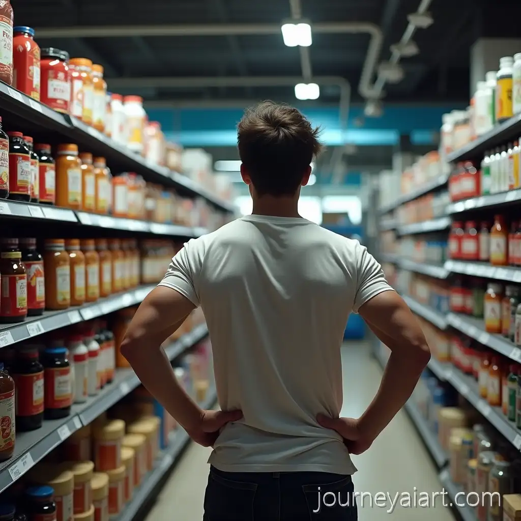 Frustrated-YoungFrustrated-shopper-in-supplement-store-Man-in-Supplement-Store-Aisle-Facing-High-Prices