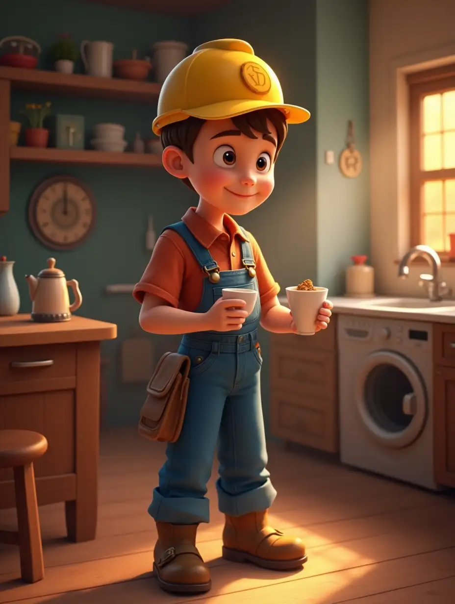 handy manny from disney junior walking through his repair shop with a cup of tea