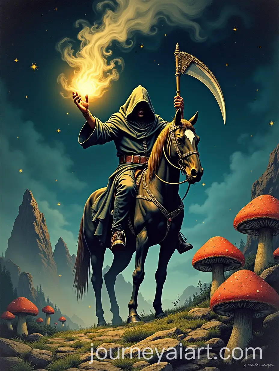 Dark-Fantasy-Illustration-of-Hooded-Man-with-Scythe-and-Magic-Surrounded-by-Swirling-Smoke