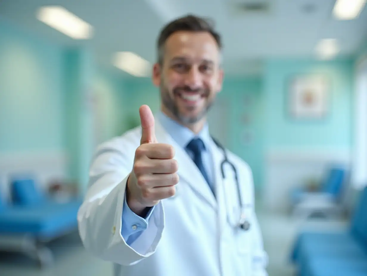 Doctor giving a thumbs-up gesture in a hospital setting, emphasizing approval and success.