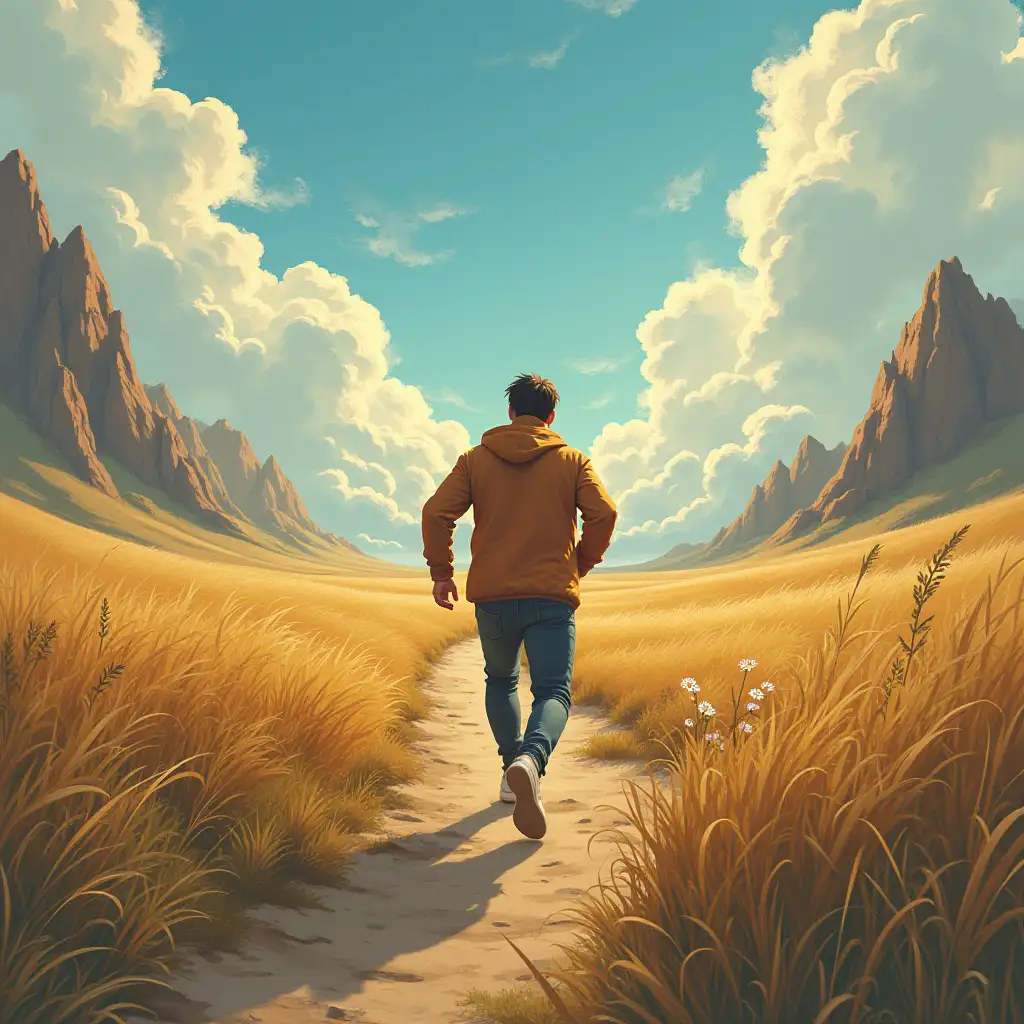 Create an illustration of a person running after the world but forgetting God