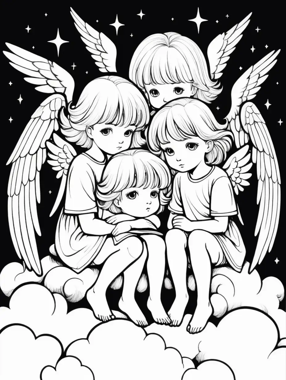 Three Little Angels Sitting on a Cloud Gazing Down in Coloring Book Style