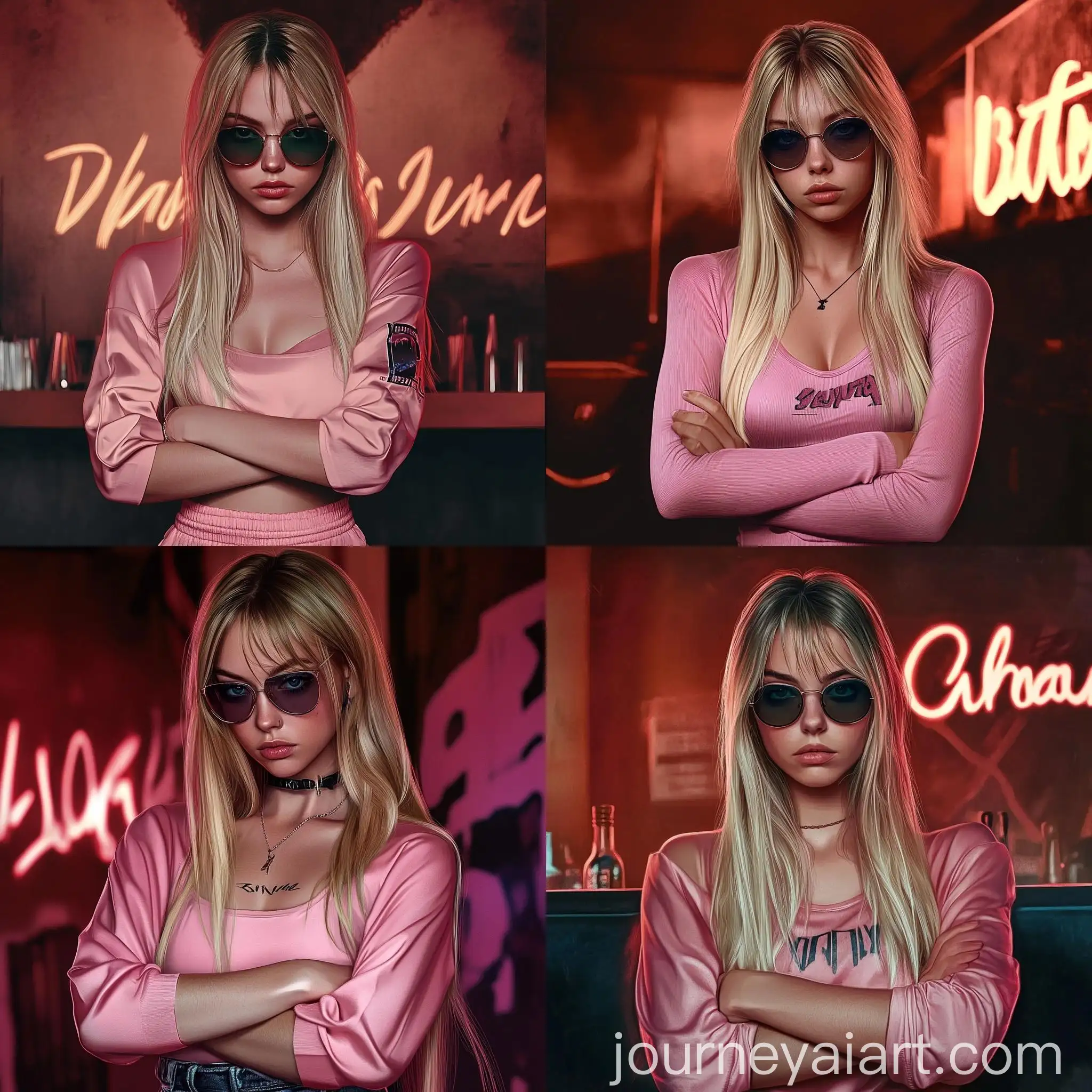 Girl-in-Pink-Clothes-with-Arms-Crossed-at-Evening-Bar