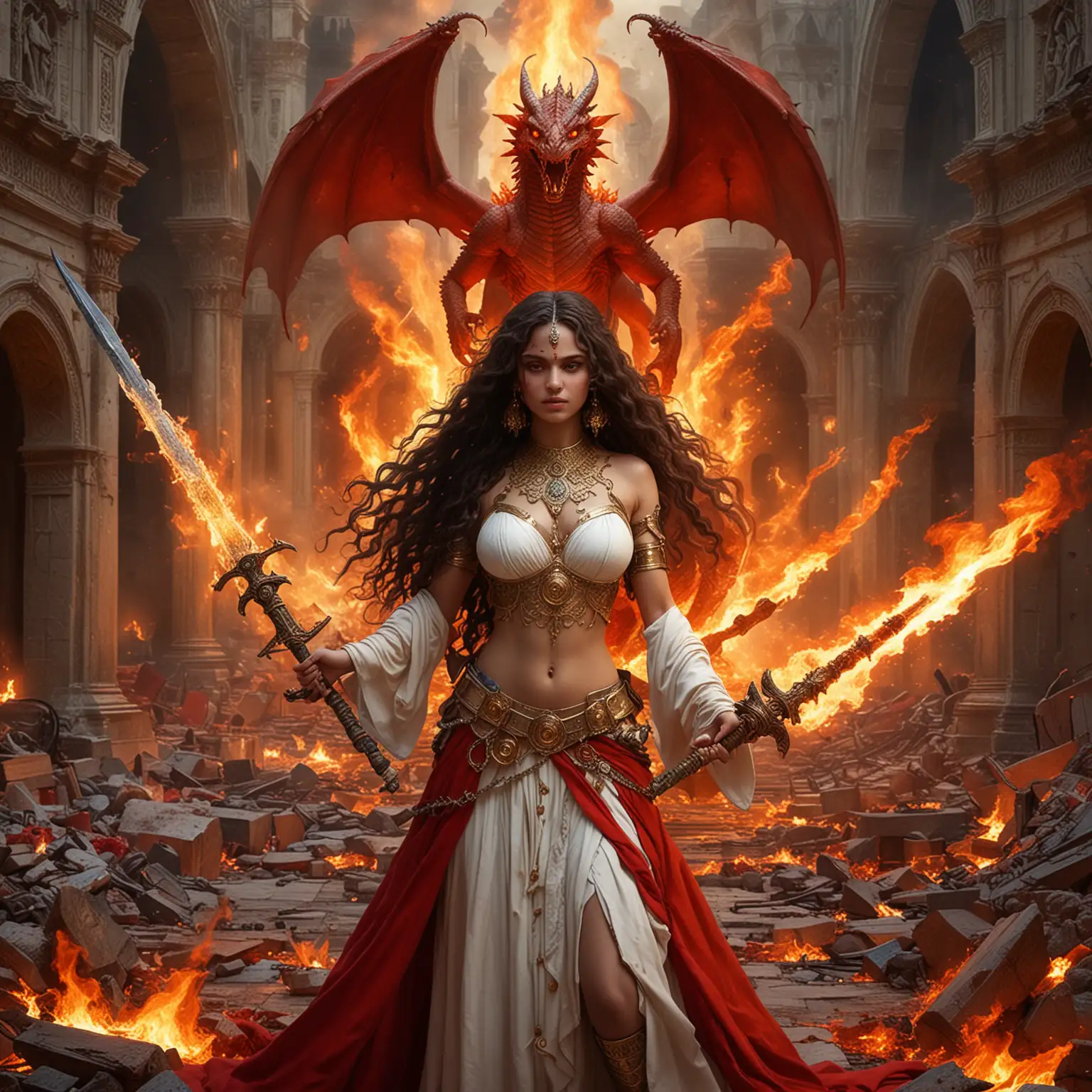 goddess empress beautiful adolescent goddess sorceress maga alien vampire with curly long hair honey blue yellow white and red surrounded by circles of fire and fire ,with two large giant swords made of fire smile diabolical and mysterious surrounded by giant fiery red dragons, and a huge dark Arabic Hindu palace in the background and long crosses made of fire and ruins of the vatican