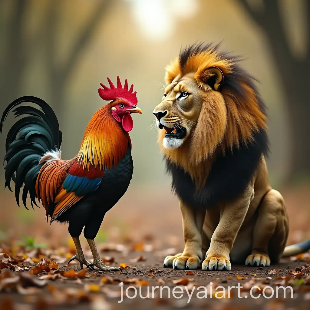 Rooster-and-Lion-Meeting-in-a-Mystical-Setting