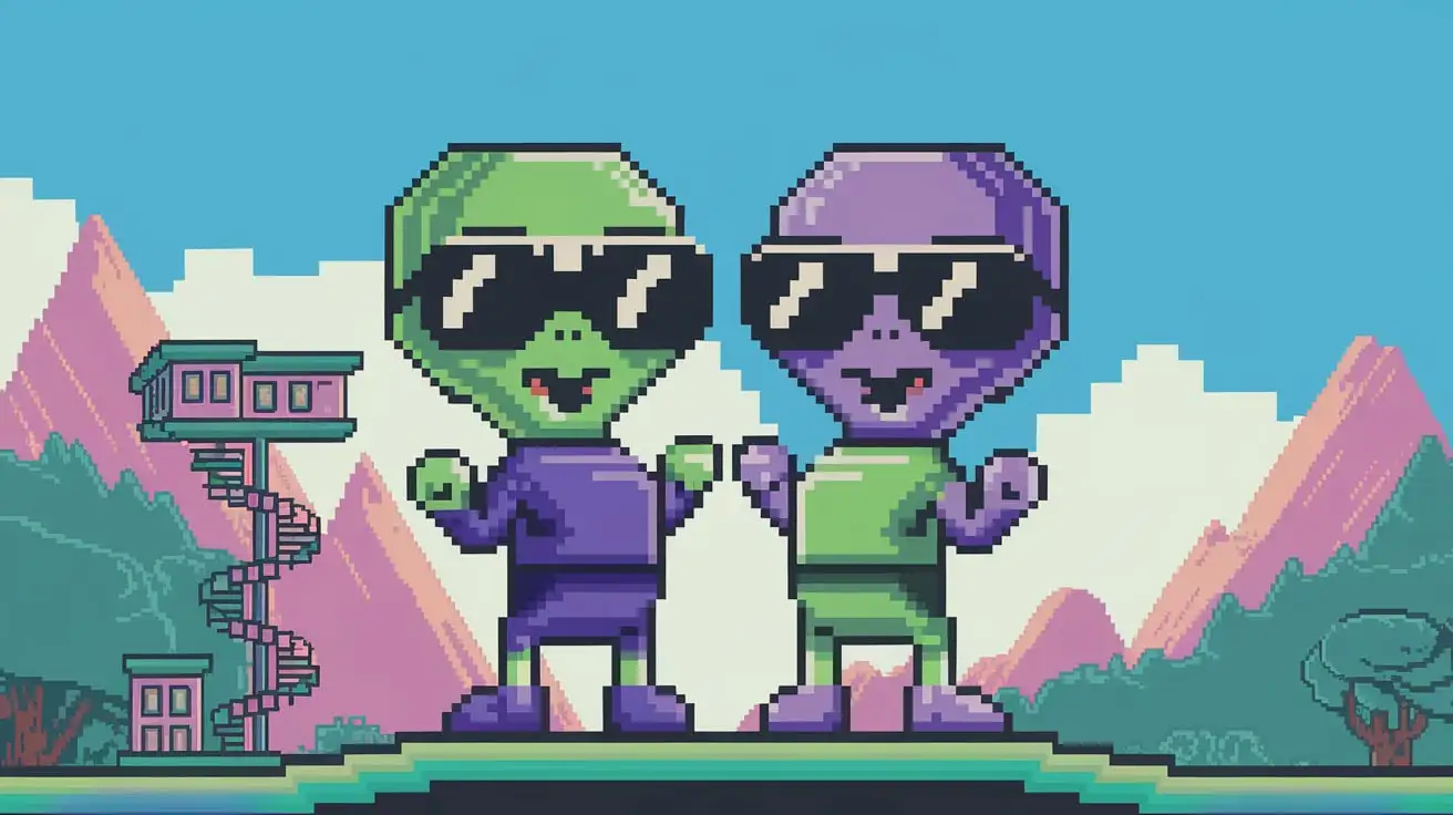 Pixelated 80s Atari Video Game Landscape with Playful Aliens