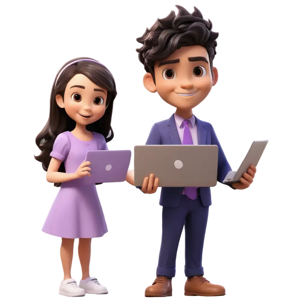 Cartoon-PNG-Image-Cute-Girl-in-Purple-Frocks-with-Laptop-and-Handsome-Boy-in-Suit-with-Digital-Camera