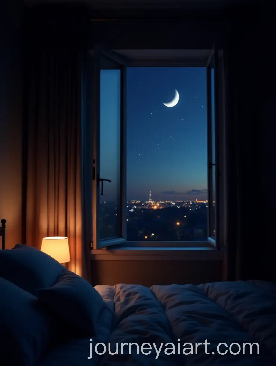 Cozy-Bedroom-with-Cityscape-View-and-Crescent-Moon-at-Night