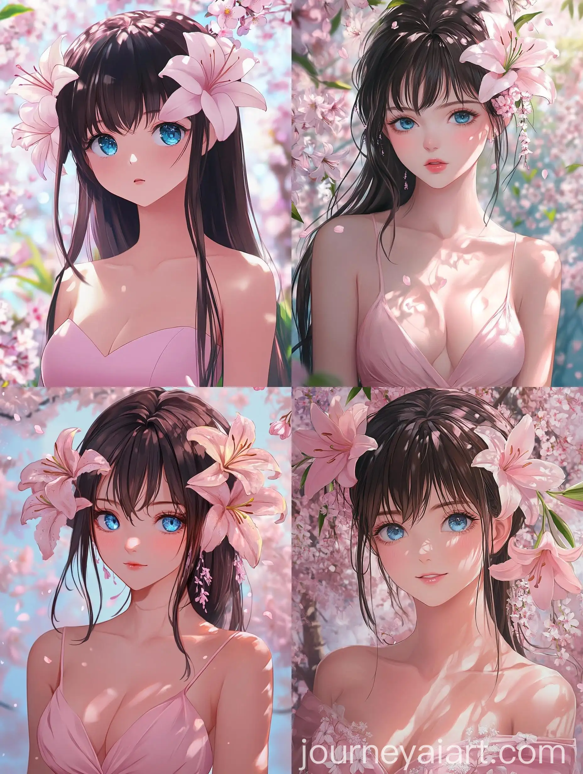 Cute-Niji-5-Anime-Girl-with-Blue-Eyes-and-Pink-Lily-Flower-in-Sakura-Background