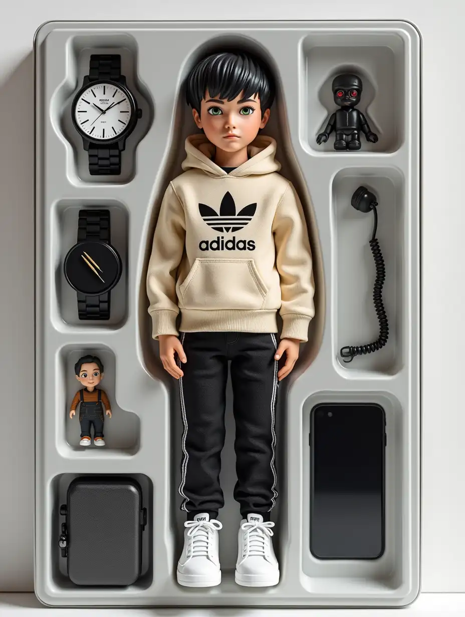 Create a figure in a blister in the style of a premium class collectible toy. The figure should be standing, with a relaxed and serious face. It should be a boy with short dark hair, green eyes, and tall. The doll is dressed in black Adidas jeans, a beige hoodie, and white sneakers. On the packaging should be written the name '[TOY-QUEST]' in large letters, and underneath - subtitle '[CLIM]'. In the side compartments of the drawing there should be accessories: [WATCH, PHONE, MERCEDES FIGURINE], and no other attachments.