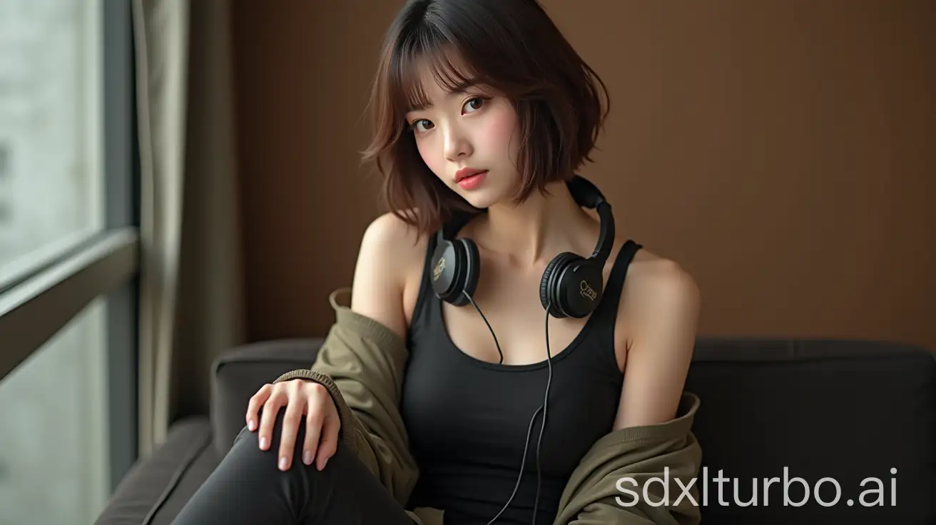 Beautiful-Chinese-Woman-with-Headphones-Sitting-Indoors