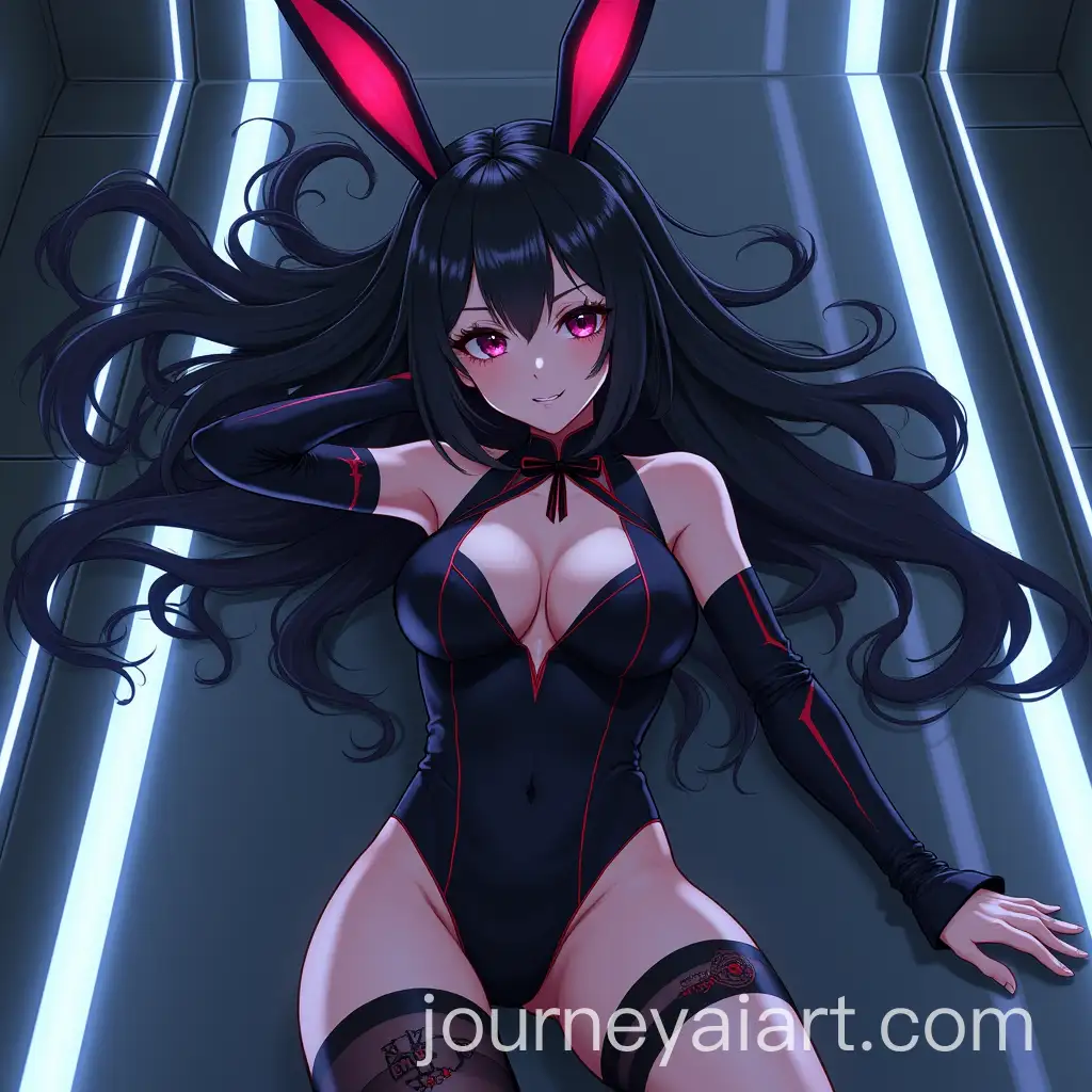 AnimeStyle-Female-Character-in-Black-Bunny-Suit-with-Futuristic-Accents