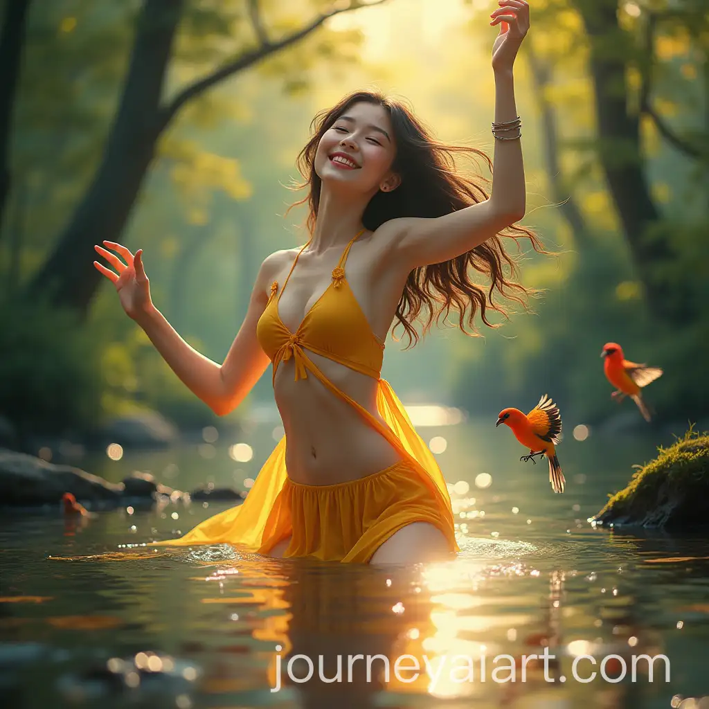 Beautiful-Young-Chinese-Woman-Dancing-and-Sunbathing-in-Forest-by-Stream-with-Colorful-Birds