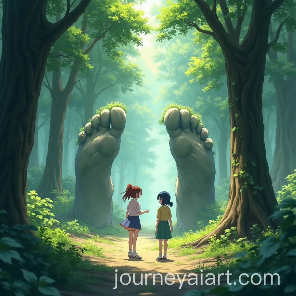 Anime-Girls-Conversing-in-a-Serene-Forest-with-Giant-Feet-Crushing-Tiny-People