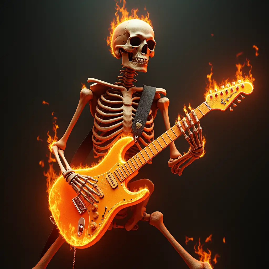 A skeleton playing flaming guitar 