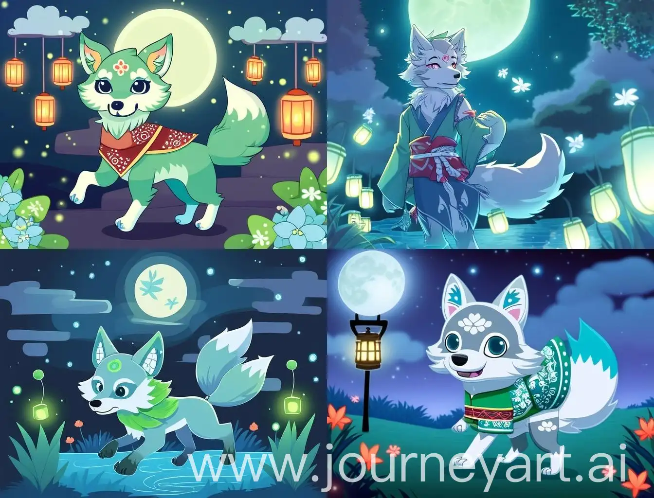 Anthropomorphic-Wolf-Releasing-Lotus-Lanterns-by-Moonlight