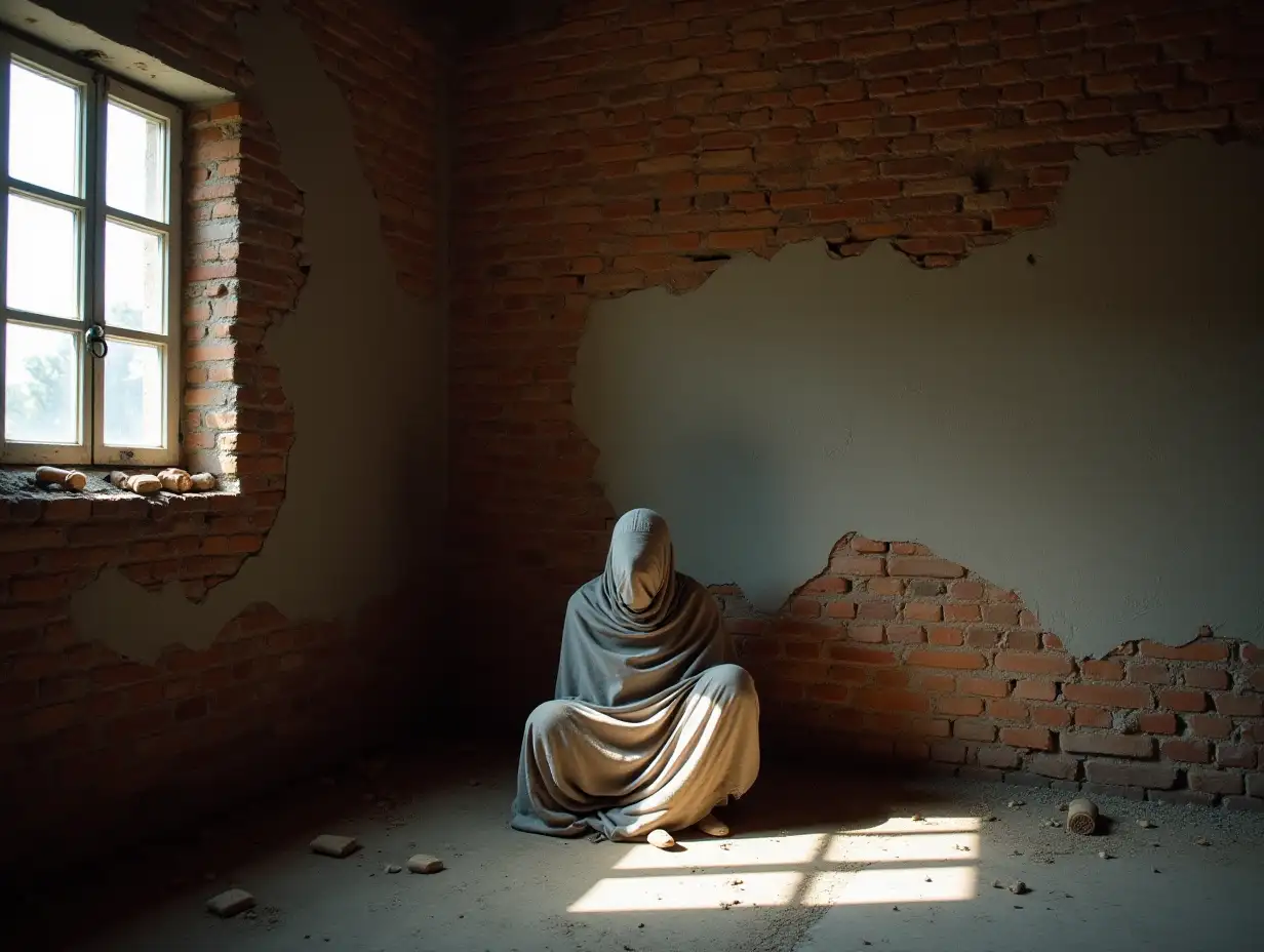 Lonely Figure Sitting Against a Crumbling Brick Wall in an Abandoned Building