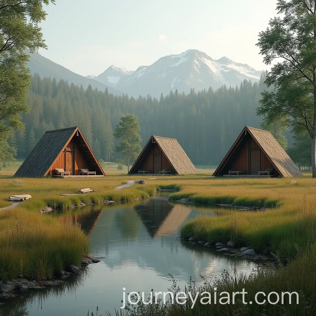 Tranquil-Retreat-Three-Wooden-Cabins-Surrounded-by-a-Serene-Pond
