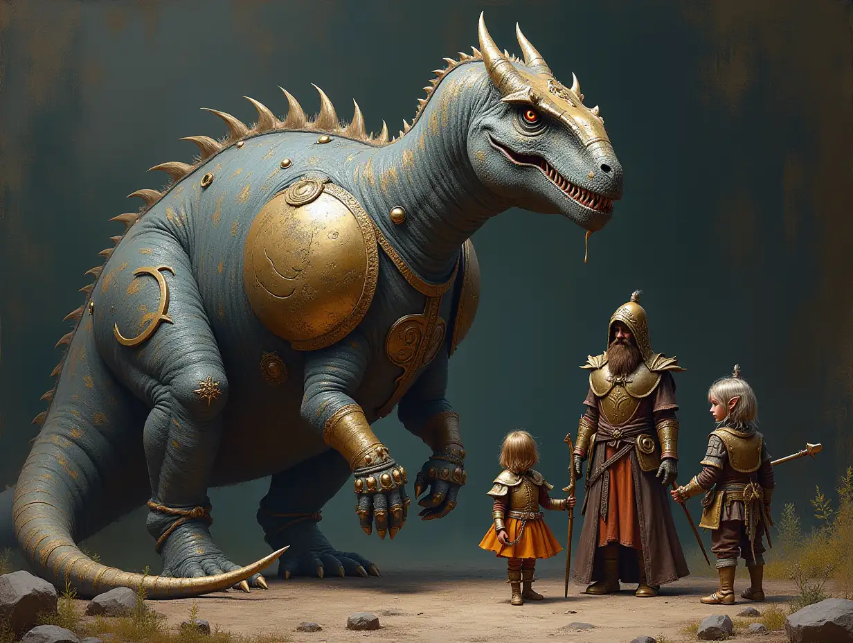 Chalk time fantasy family, Aardonyx, woman, children large Abelisaurus with beard and armor equipment made of stainless steel