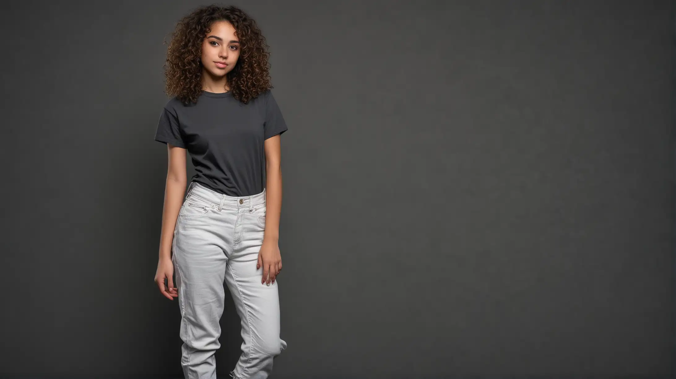 Curly 21YearOld Girl in Dark Gray TShirt and White Pants