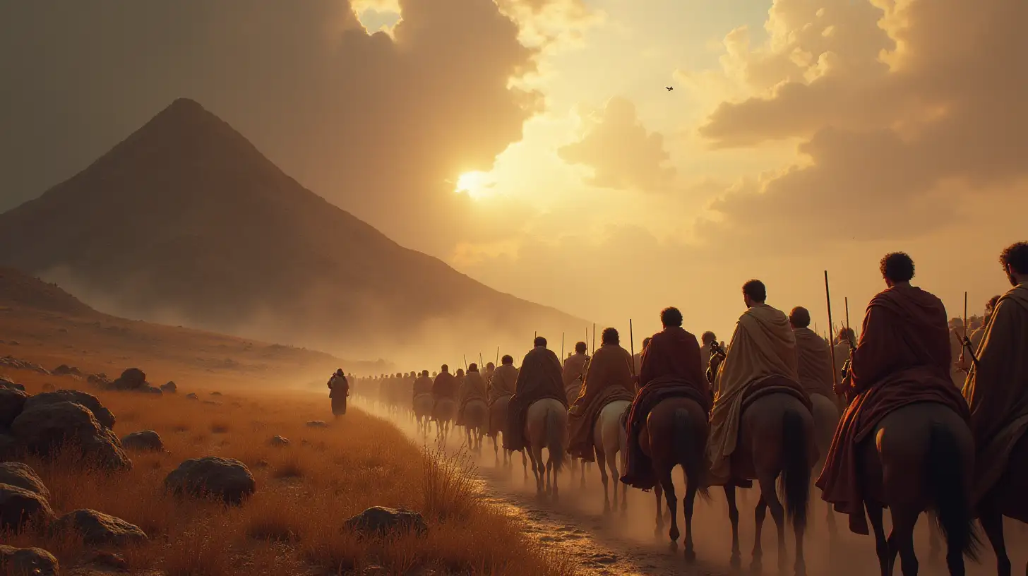 Biblical Era Slave Procession with Horses in Mountainous Terrain