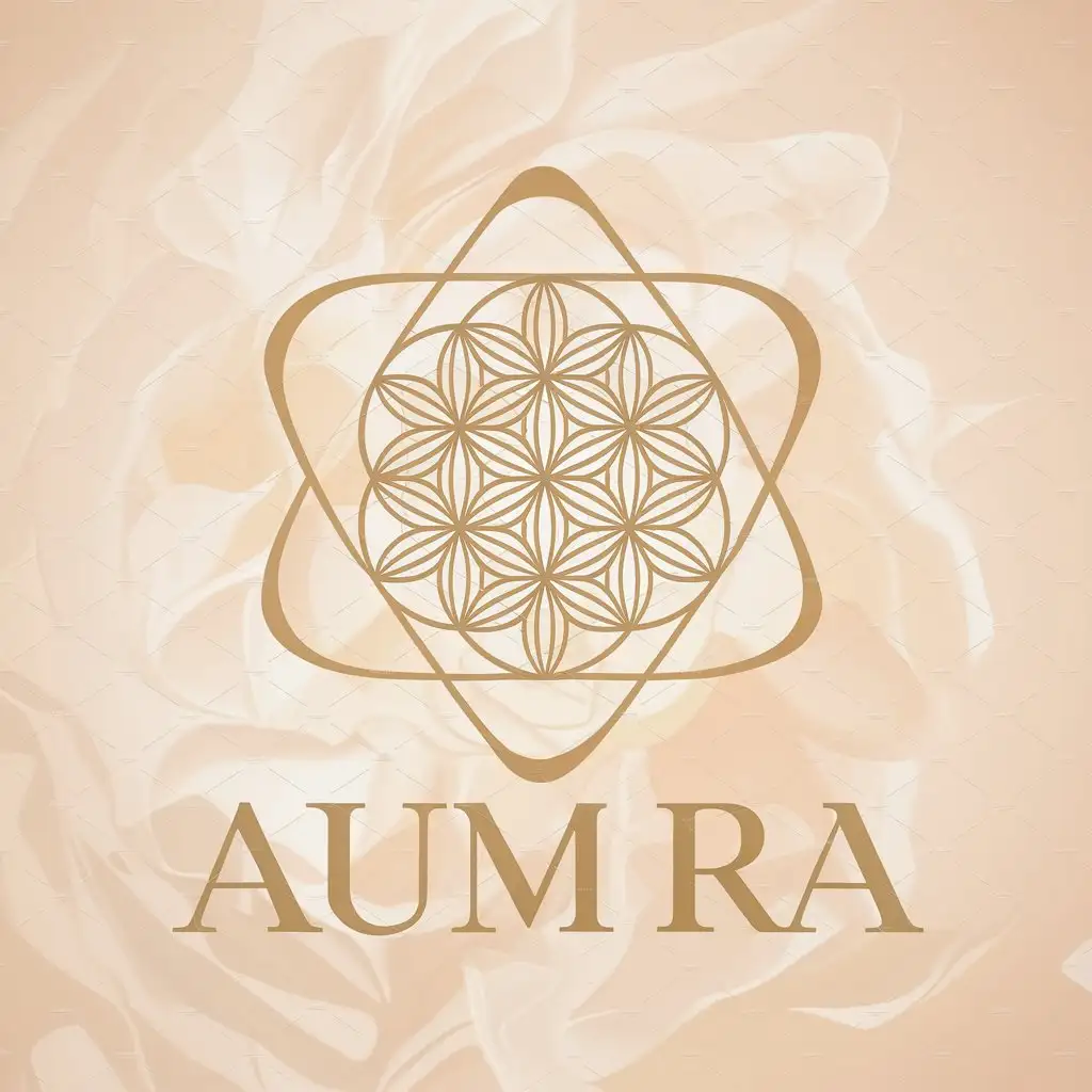 a vector logo design,with the text "AUM RA", main symbol:Sacred symbol in gold on a transparent background. Flower of life and merkaba together,Moderate,clear background