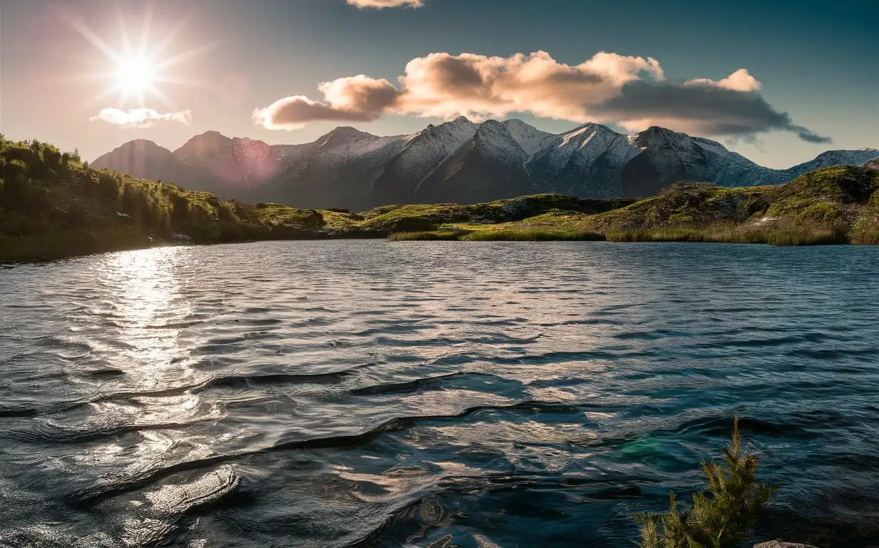 a sunny wild lake landscape picture, with a great moutain on the background
