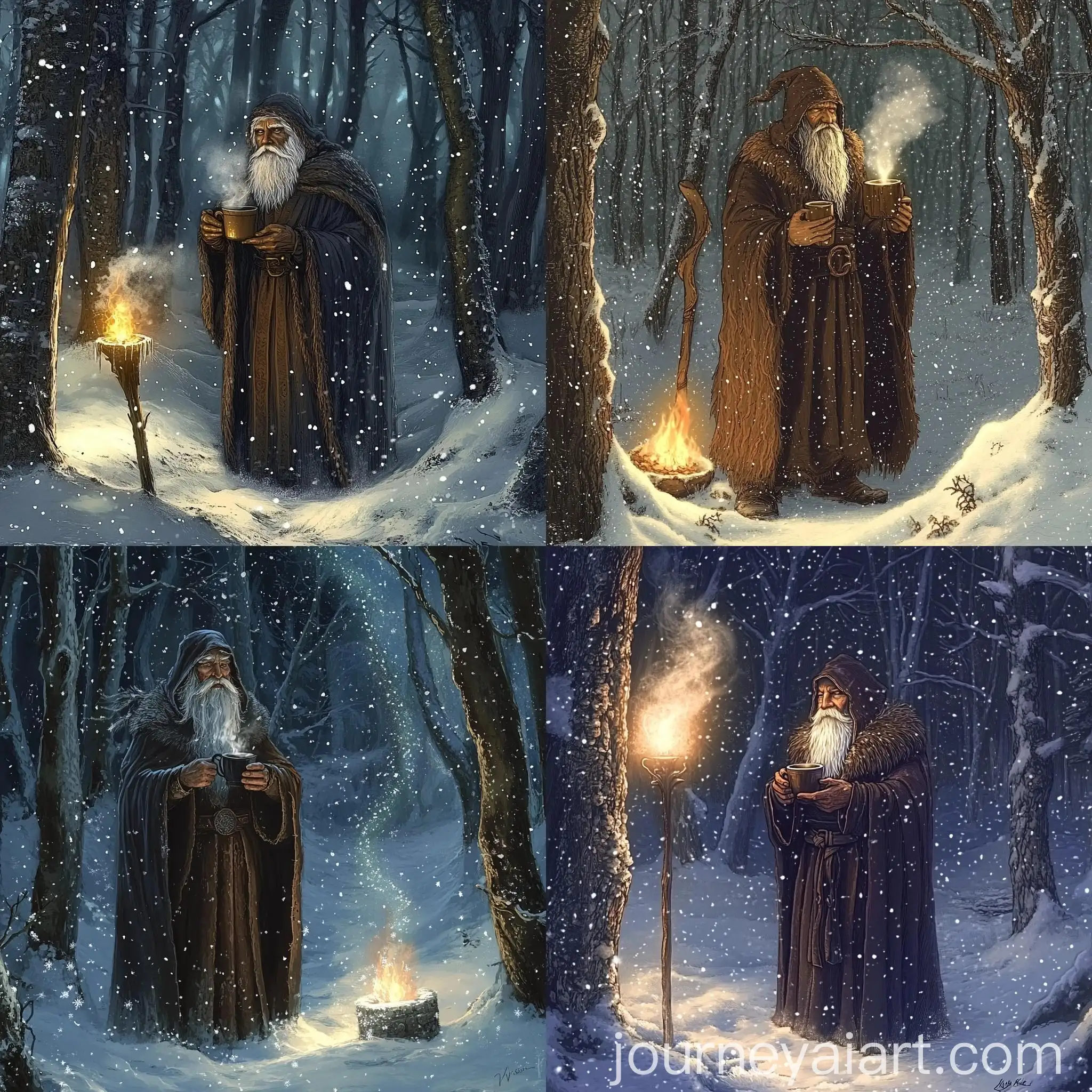Cozy-Wizard-in-Snowy-Forest-with-Hot-Cocoa