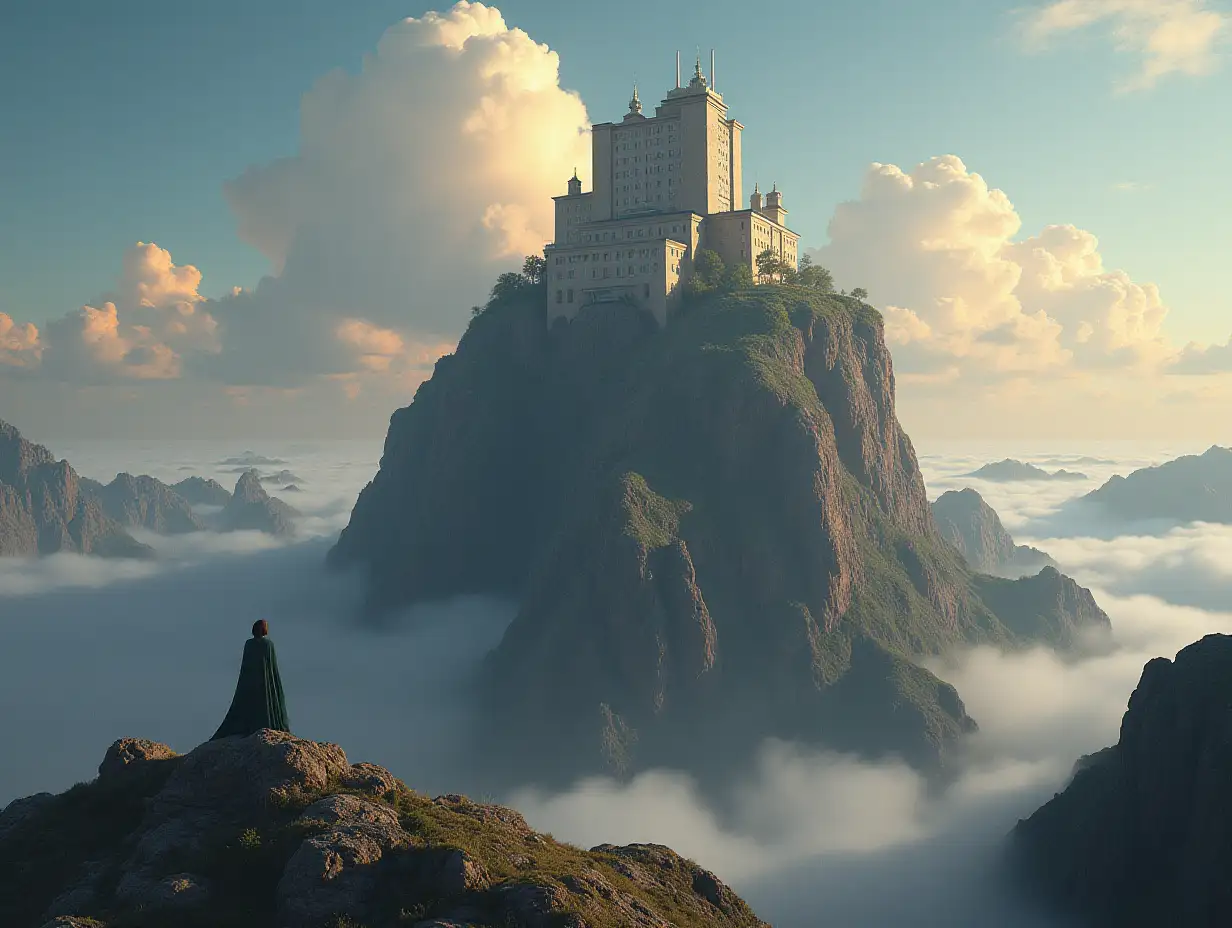 Create for me a photorealistic image of Paradise, face transformed into a building on a high mountain on another planet with an alien