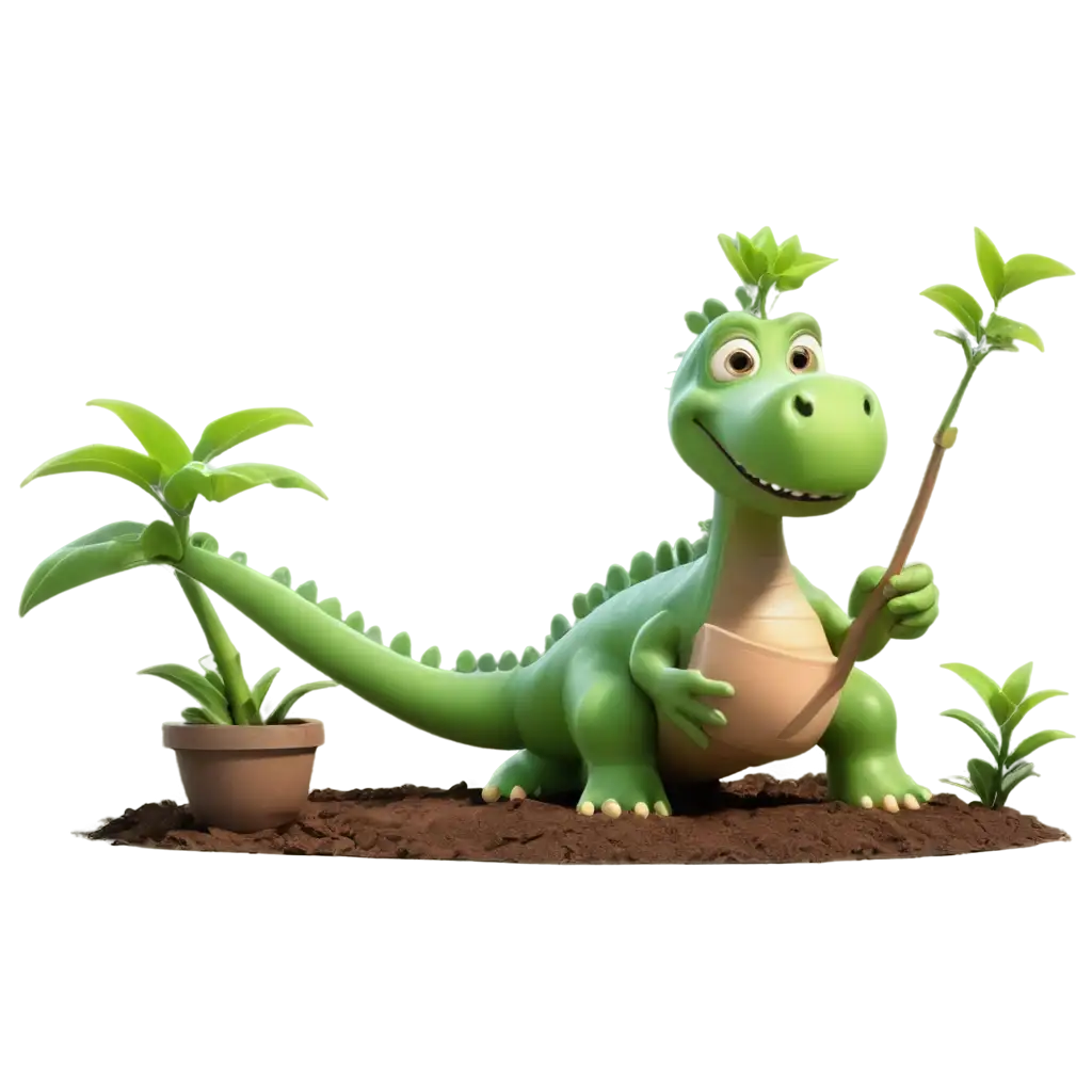 Ultra-4K-PNG-Image-of-Bablu-the-Green-Dinosaur-Planting-a-Sapling-in-a-Magical-Garden