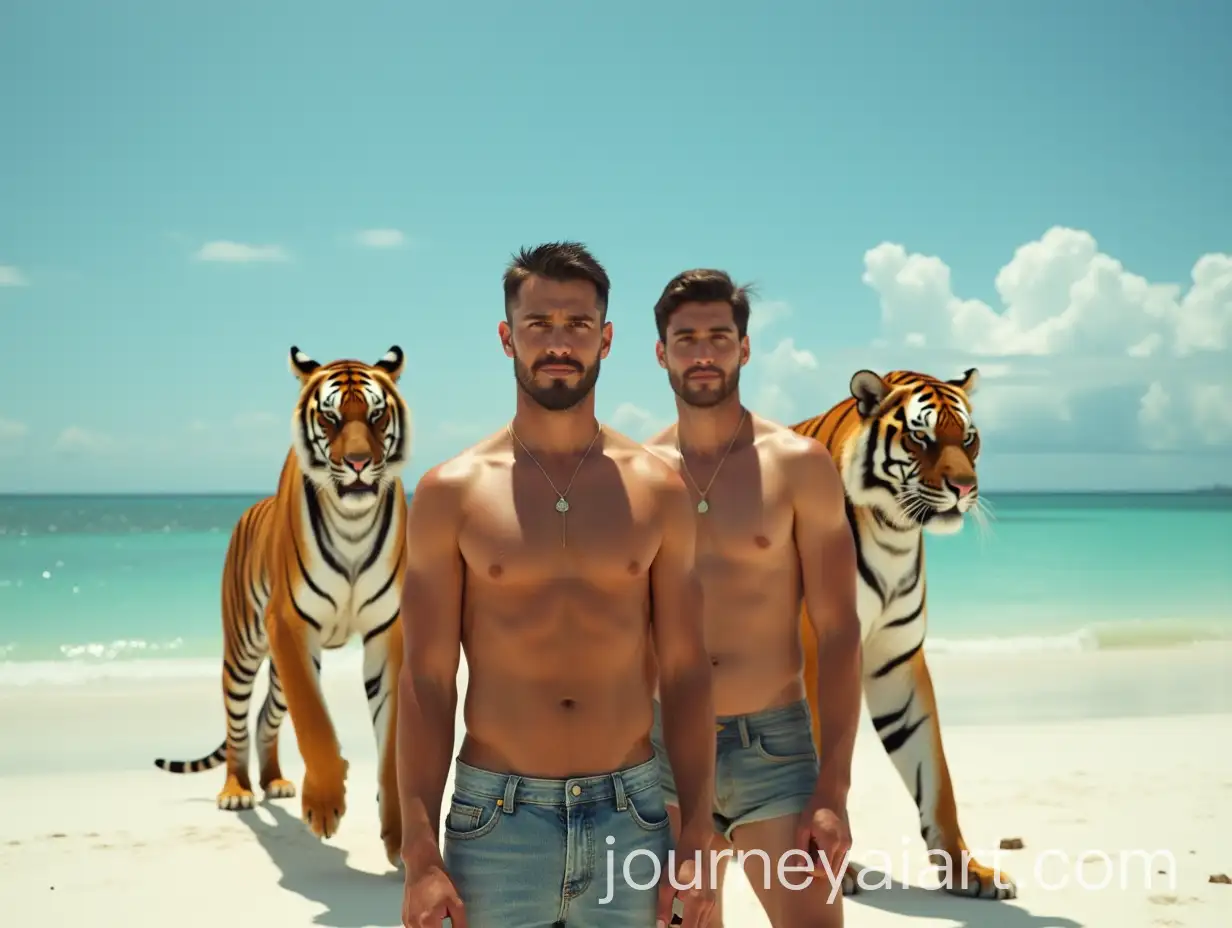 Men-Standing-on-Tropical-Beach-with-Tigers-Behind-Them