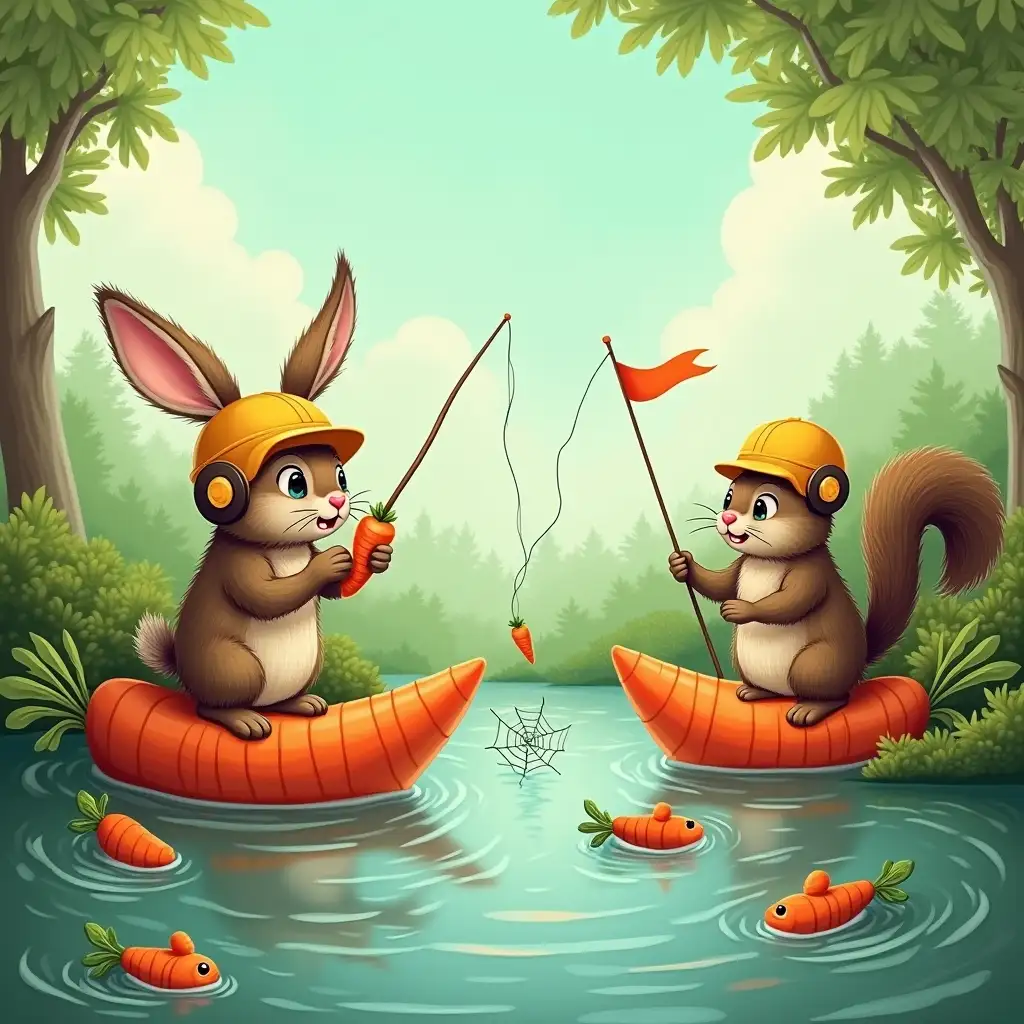 An Earwig bunny and a Beaver in an engineering helmet stand on opposite sides of the river. Carrot boats sail to the fish pies. Ponytail is chewing a carrot, squirrel is waving a flag. Style: bright, with a contrast of green and orange, comical details (a web of cobwebs, a fishing rod with a carrot instead of a hook)