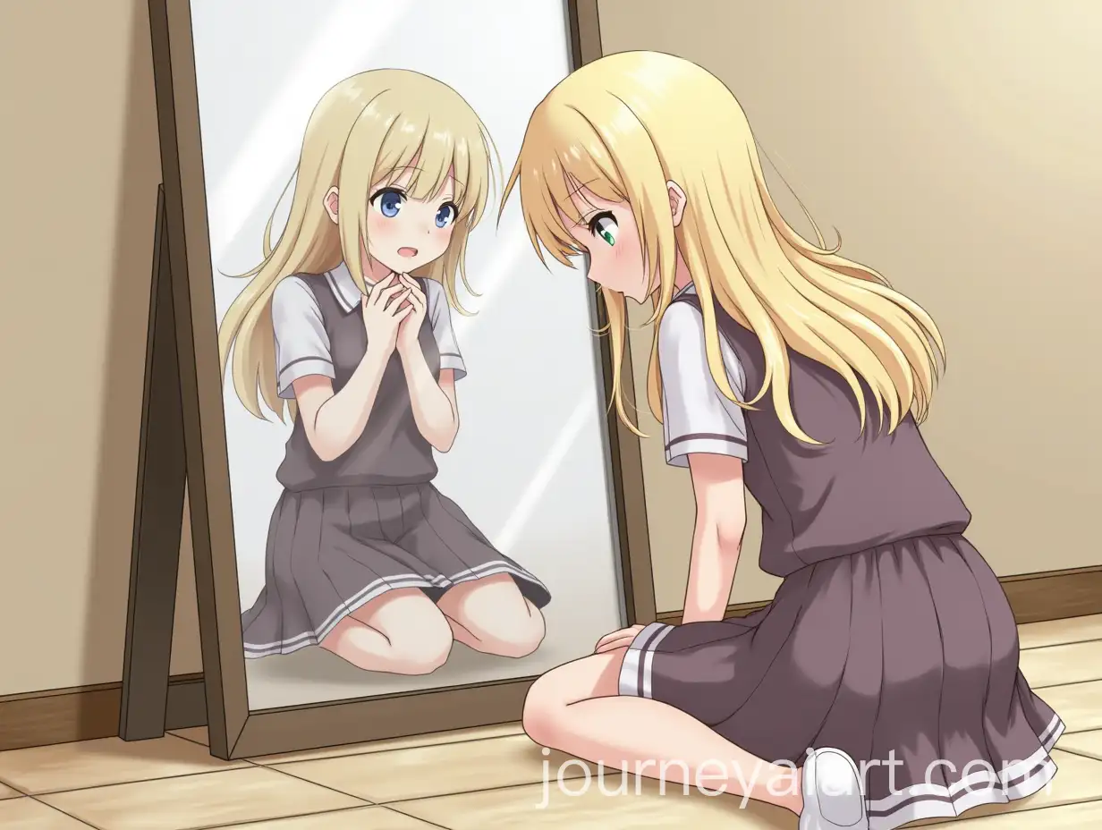 Girl-with-Light-Hair-Sitting-Near-Mirror-Tired-Reflection