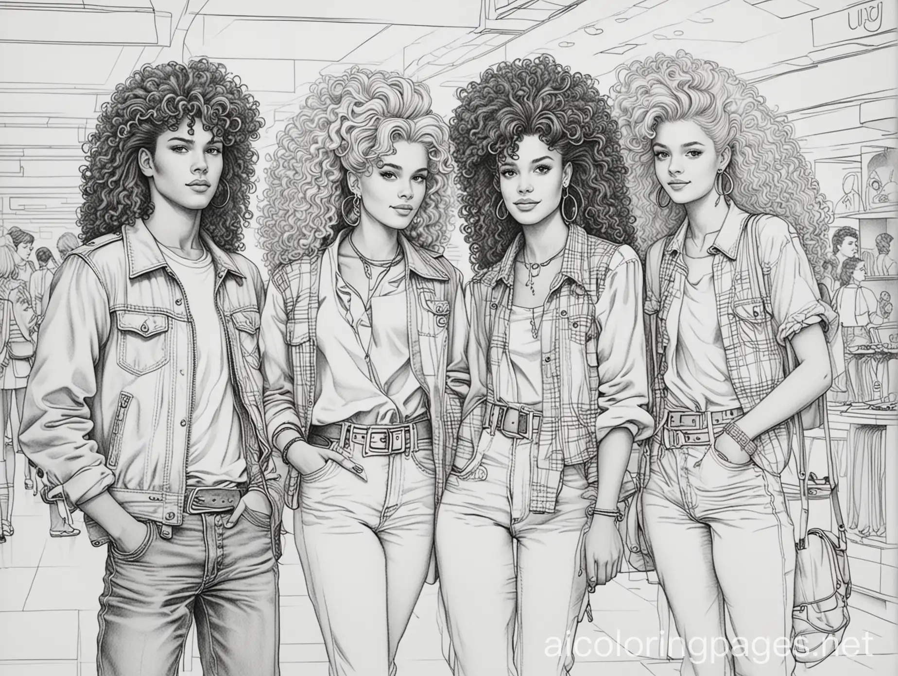A coloring Page that shows a scene straight out of the 1980s. Teenagers hanging out at the mall dressed in all of their 80s attire and big hair, Coloring Page, black and white, line art, white background, Simplicity, Ample White Space. The background of the coloring page is plain white to make it easy for young children to color within the lines. The outlines of all the subjects are easy to distinguish, making it simple for kids to color without too much difficulty