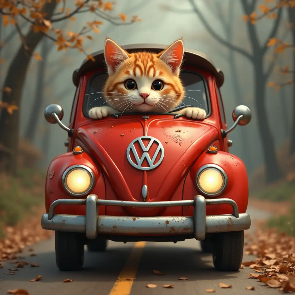 Cat drives a red VW kiffen