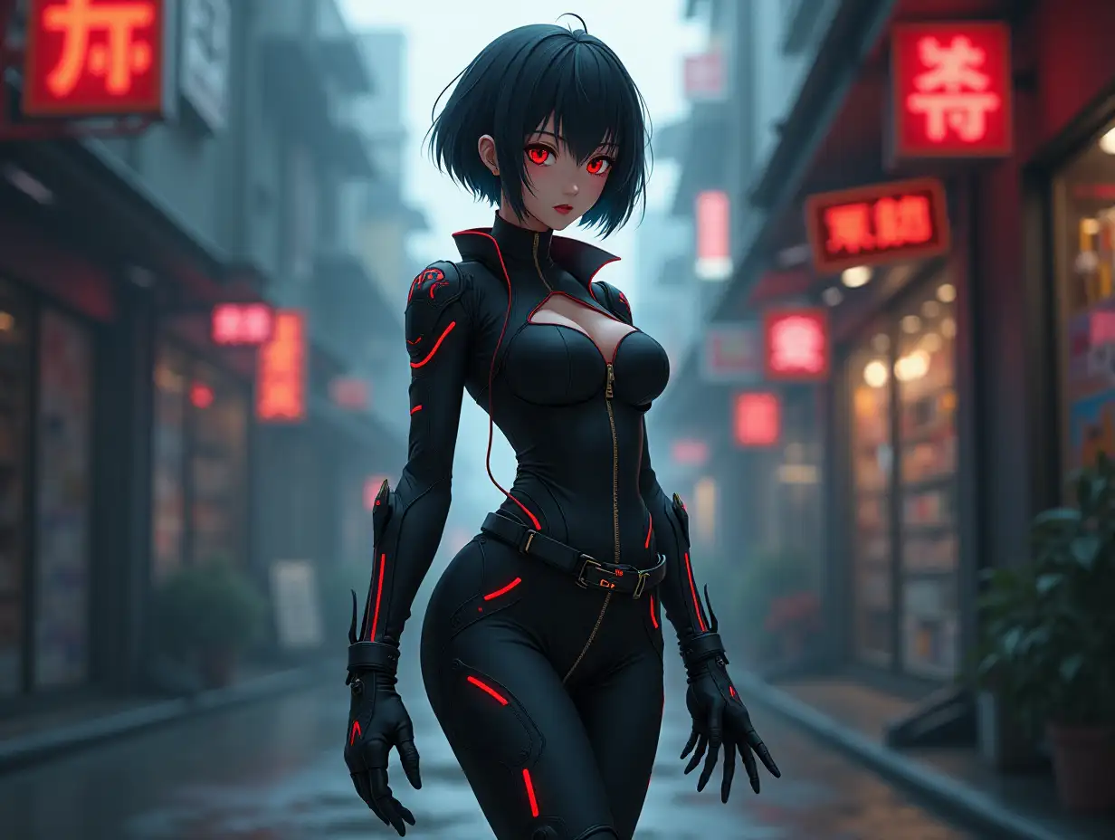 Short hair, mature Asian woman thief cyber runner in a dynamic full-length pose, eyes with red electronic pupils, large breast, extreme skintight body glove zipped down with cleavage, combat boots and combat belt. Full view of her body from boots up, low wide angle. Future store filled city alley street. Anime