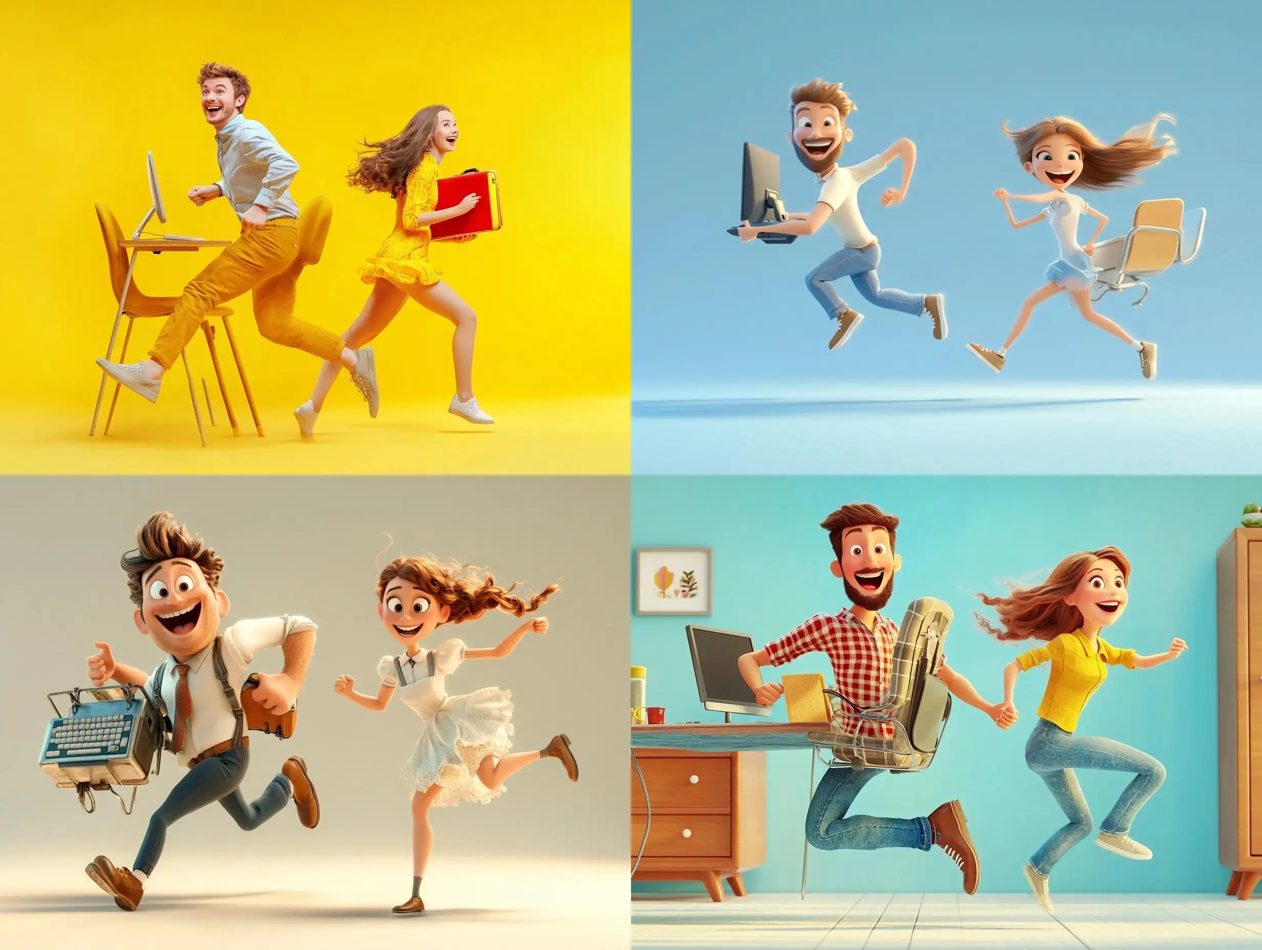 Dynamic-European-Man-and-Girl-Running-with-Chairs-Positive-Emotions