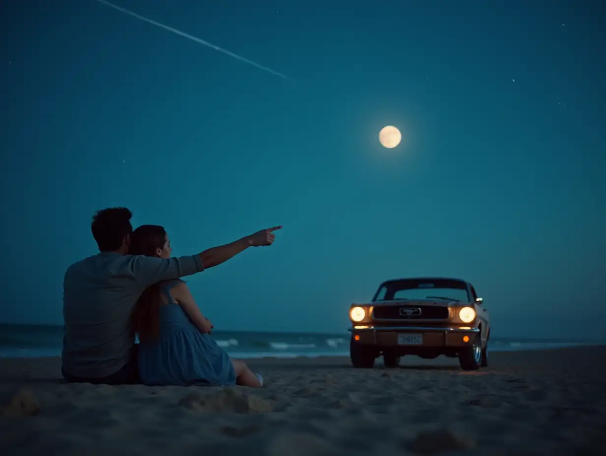 Romantic-Couple-Watching-Shooting-Stars-on-Beach-at-Night