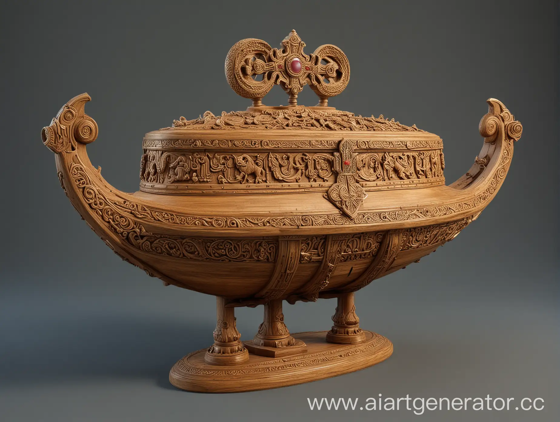 Golden-KazakhInspired-Wooden-Ship-with-Winged-Rams-Head-Handles-and-Decorative-Dish-Lid