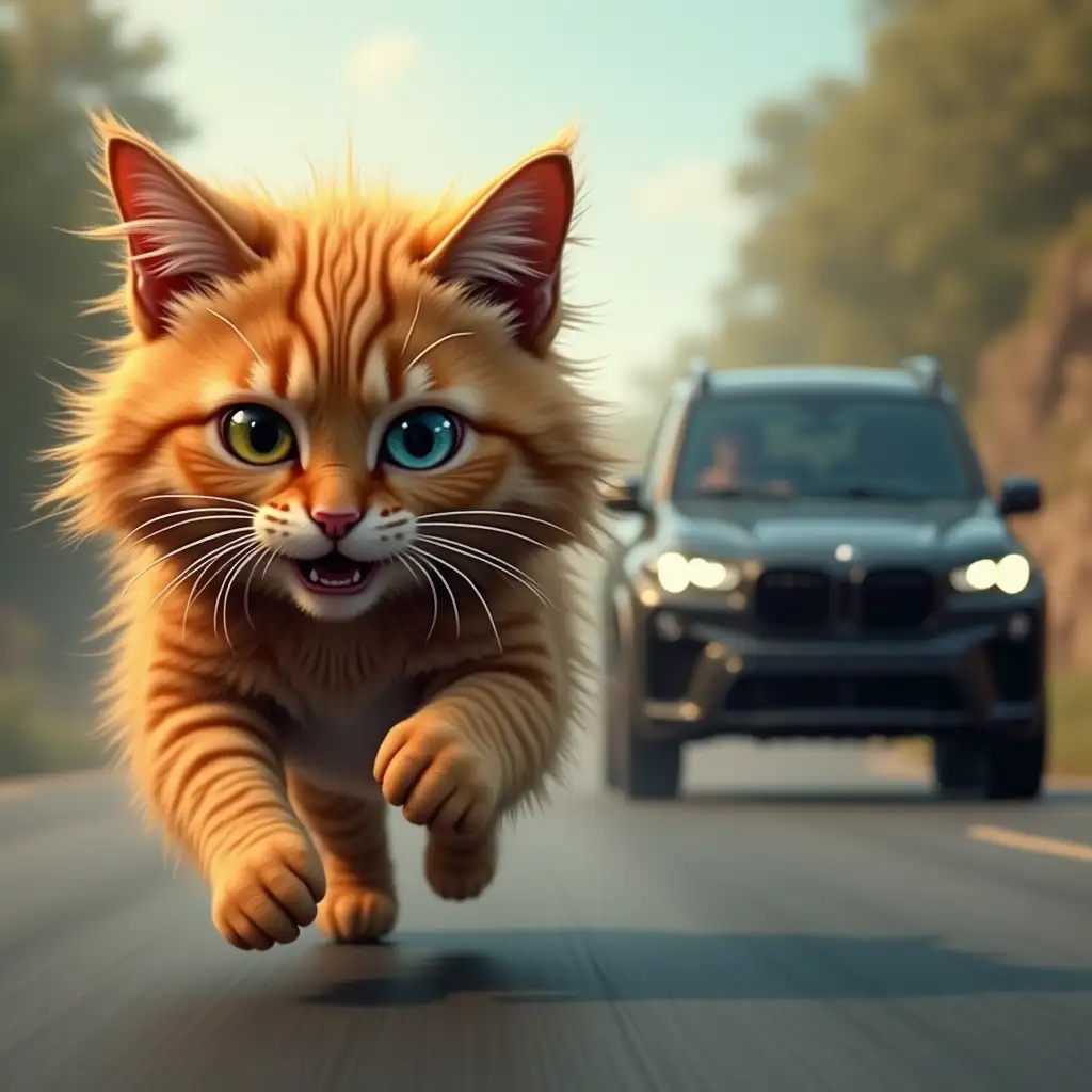 A big, shaggy, ginger cat, one eye blue, the other yellow, with three rings in one ear, runs fearfully along the road, pursued by a scary black BMW XM, computer graphics style